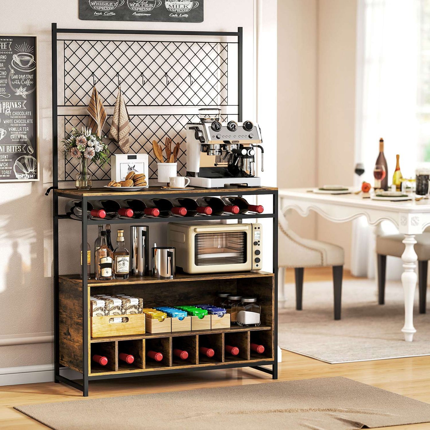 Kitchen Shelf with Hooks and Wine Rack, Rustic Brown