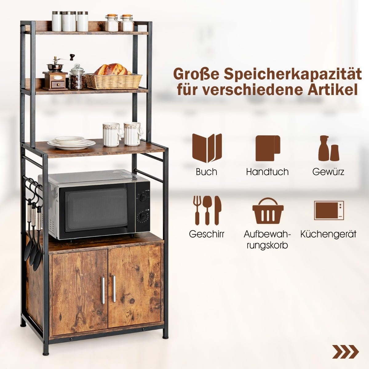 Kitchen Shelf with Storage Cabinet, Hooks & Adjustable Feet