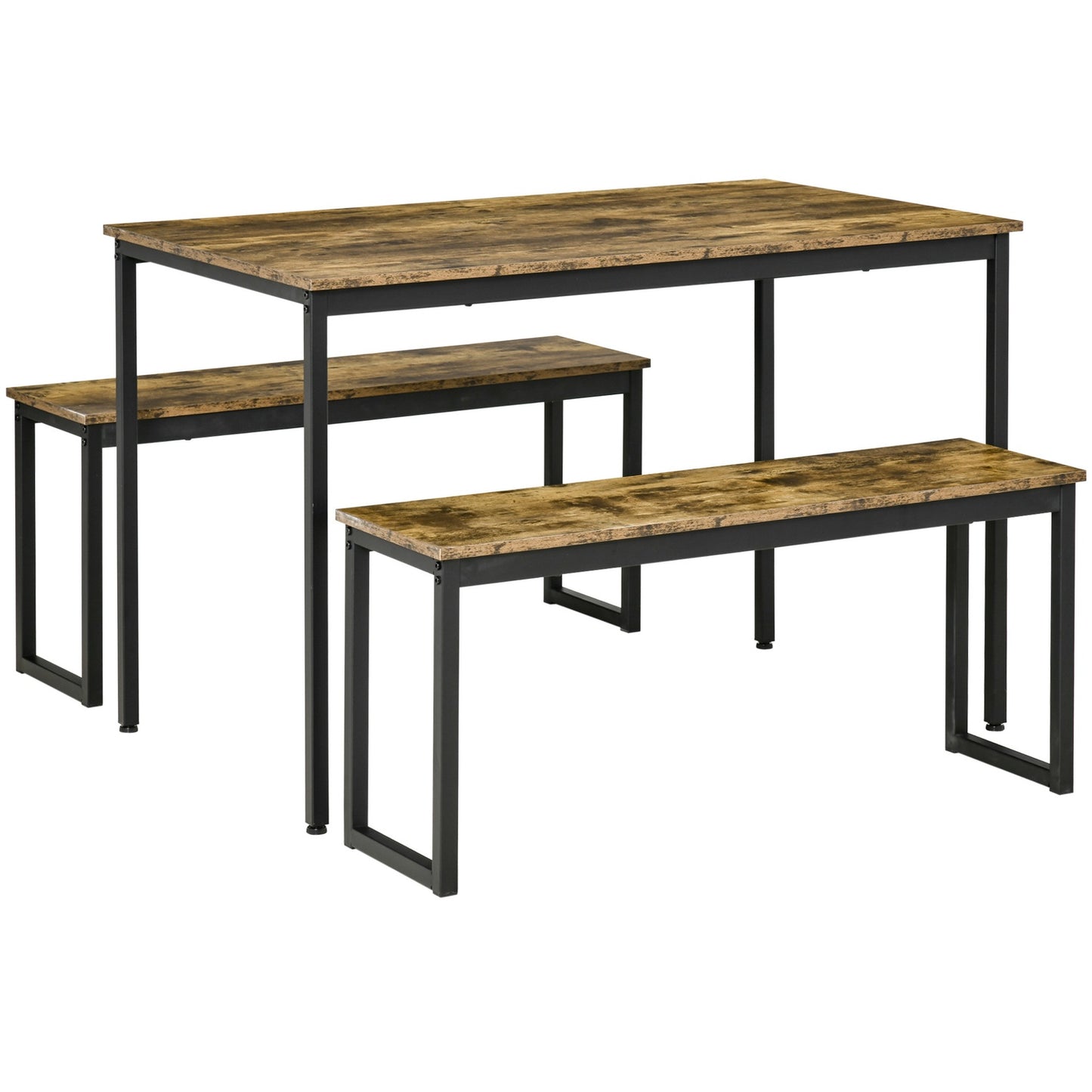 Industrial dining table set with benches, metal, rustic brown