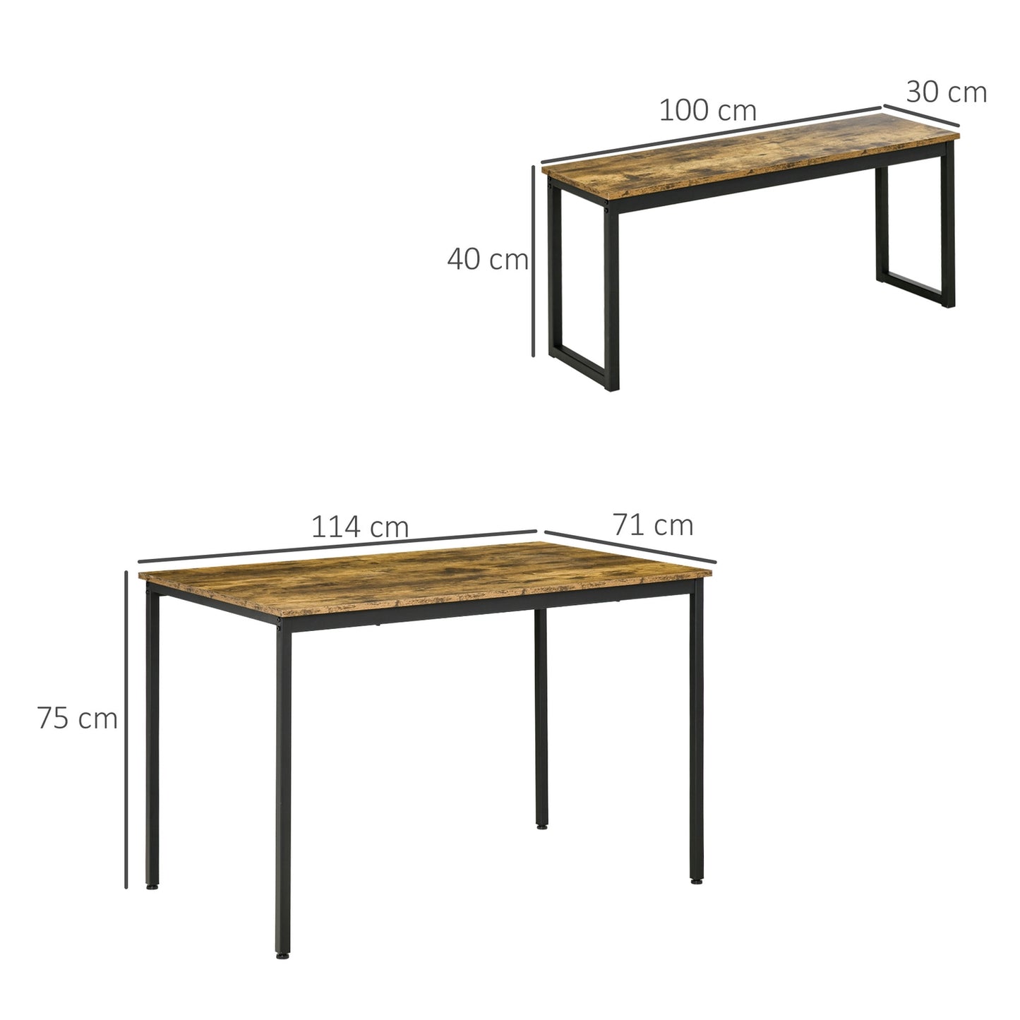 Industrial dining table set with benches, metal, rustic brown