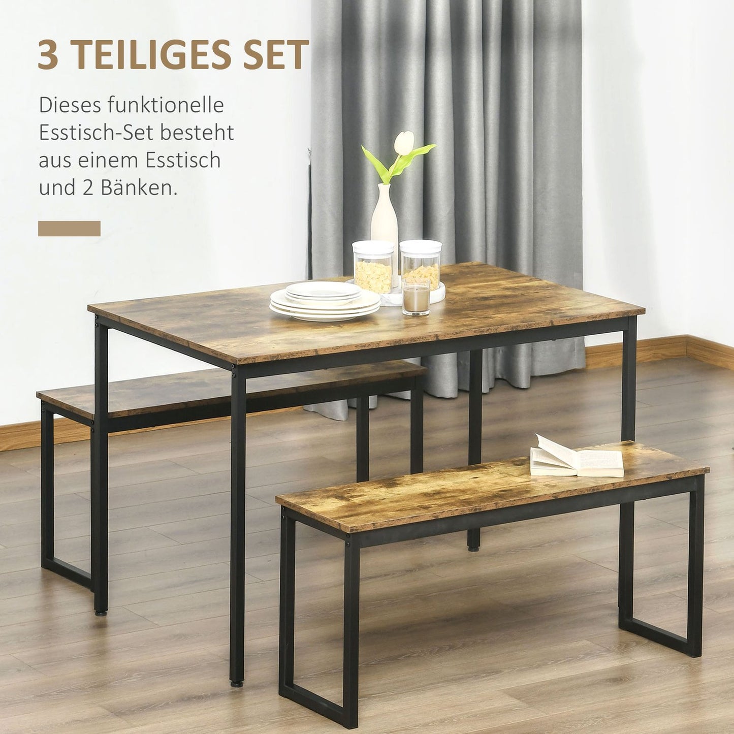 Industrial dining table set with benches, metal, rustic brown
