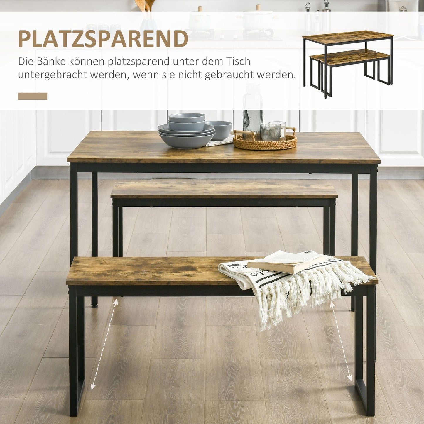 Industrial dining table set with benches, metal, rustic brown
