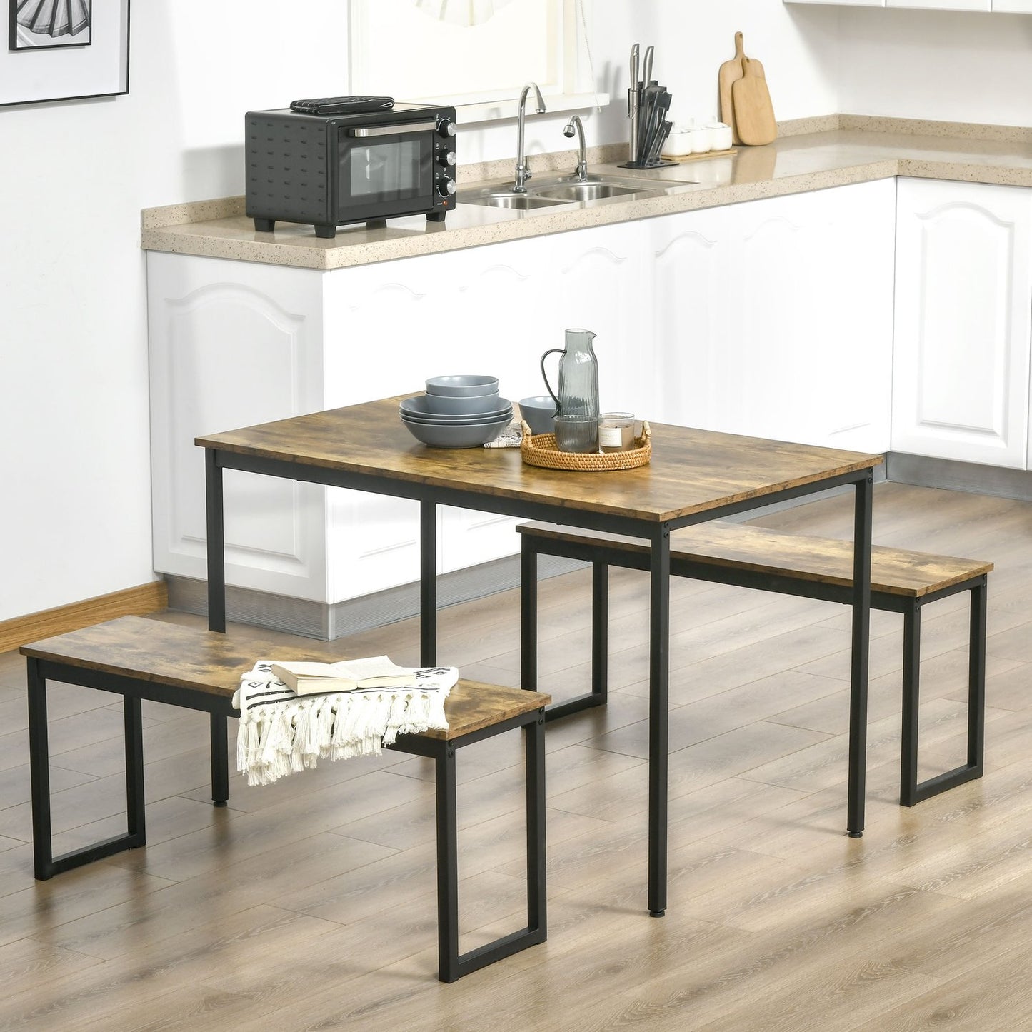 Industrial dining table set with benches, metal, rustic brown