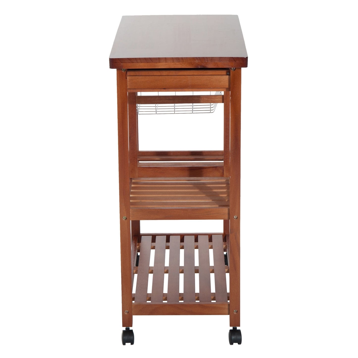 Wooden kitchen trolley with shelf, basket and wine rack