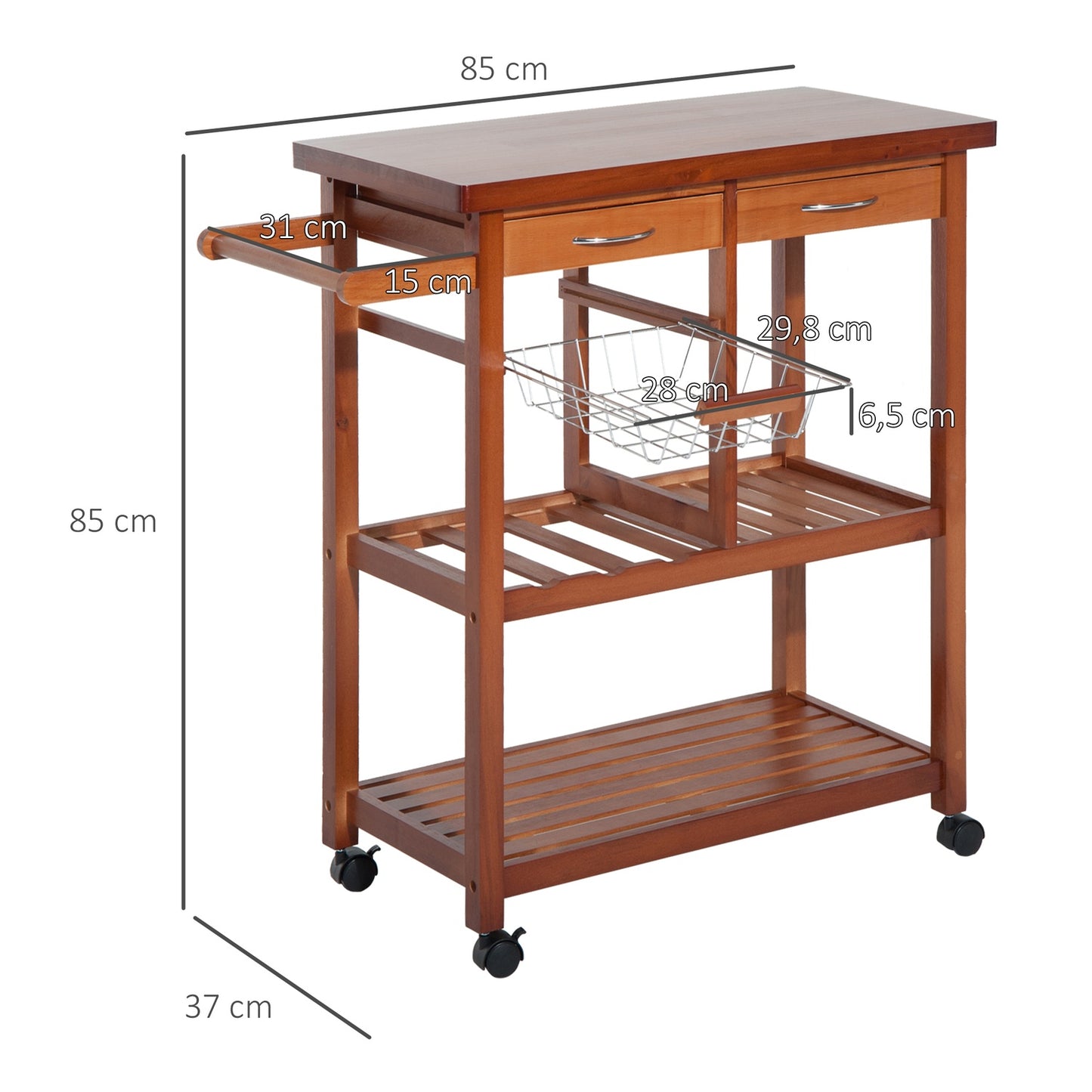 Wooden kitchen trolley with shelf, basket and wine rack