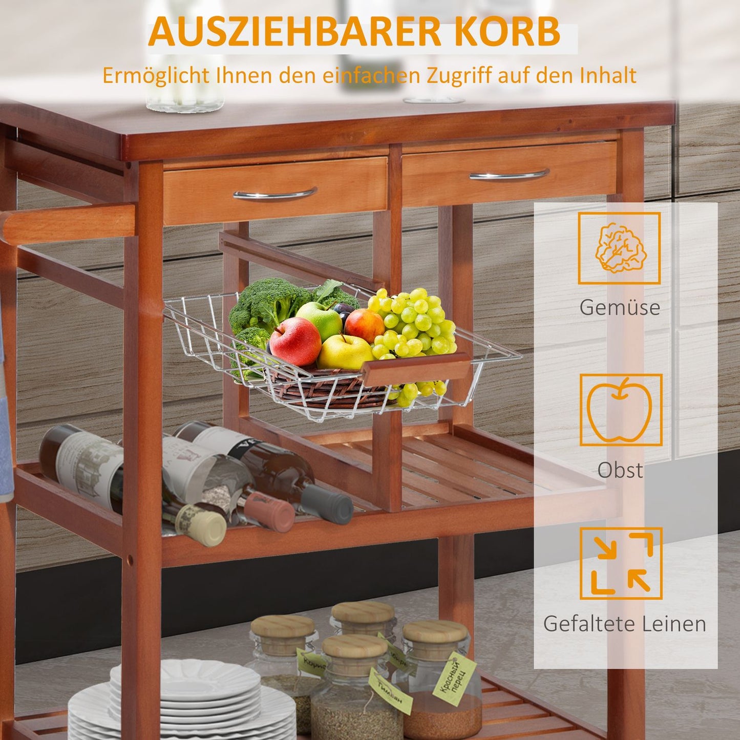 Wooden kitchen trolley with shelf, basket and wine rack