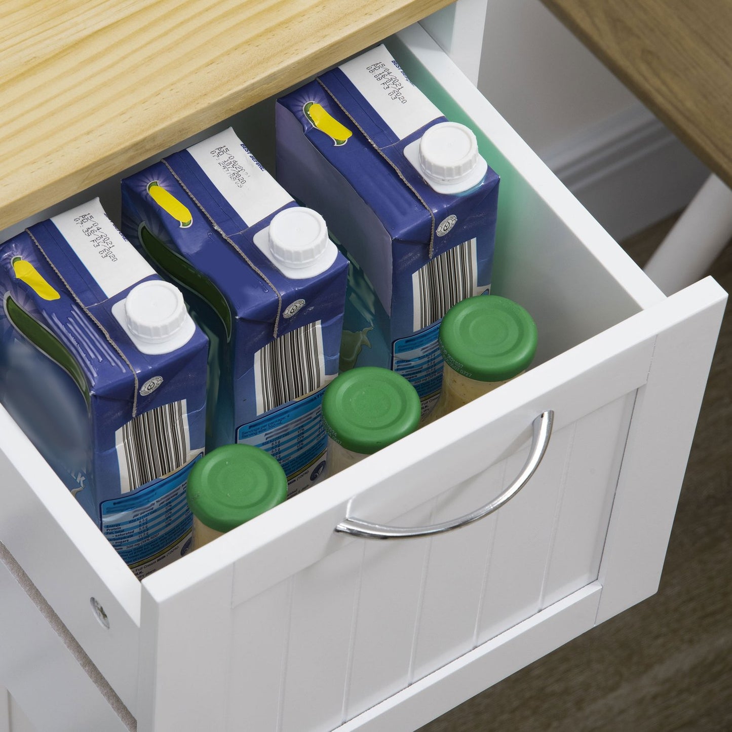 White kitchen trolley, 3-drawer 3-level storage with worktop