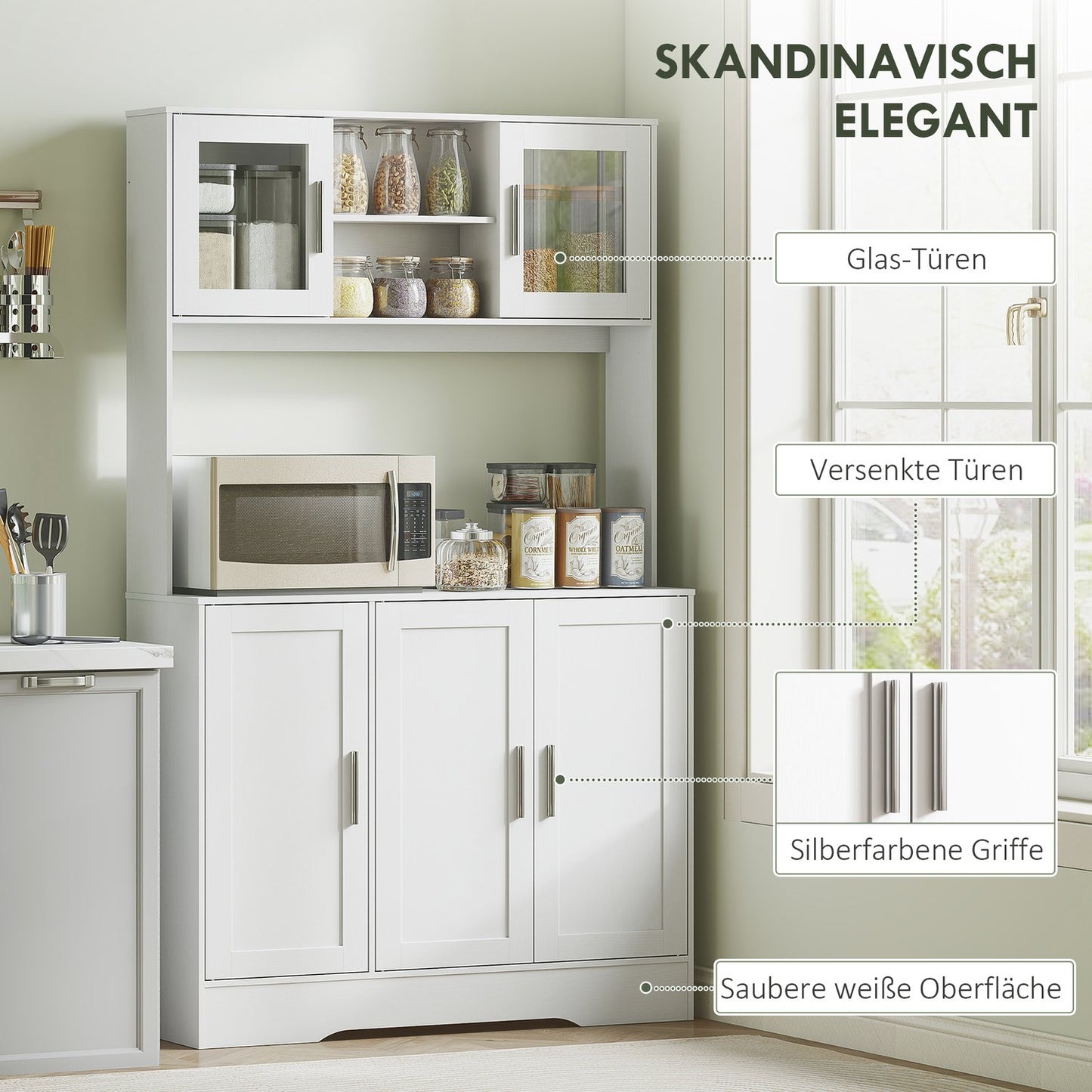 Kitchen cabinet, Scandinavian design, 4 cabinets, adjustable shelves, glass doors, open space, chipboard, MDF, white