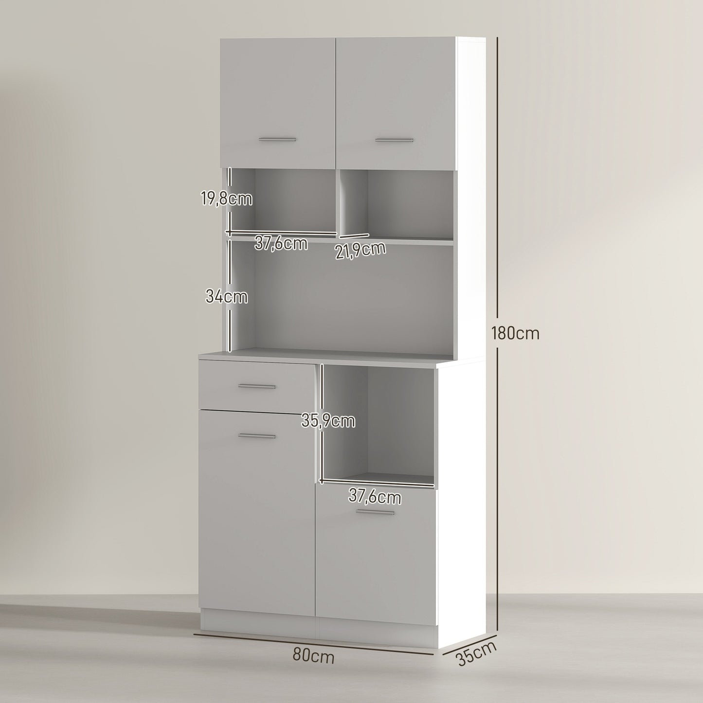 Tall white kitchen storage cabinet with drawer and adjustable shelf