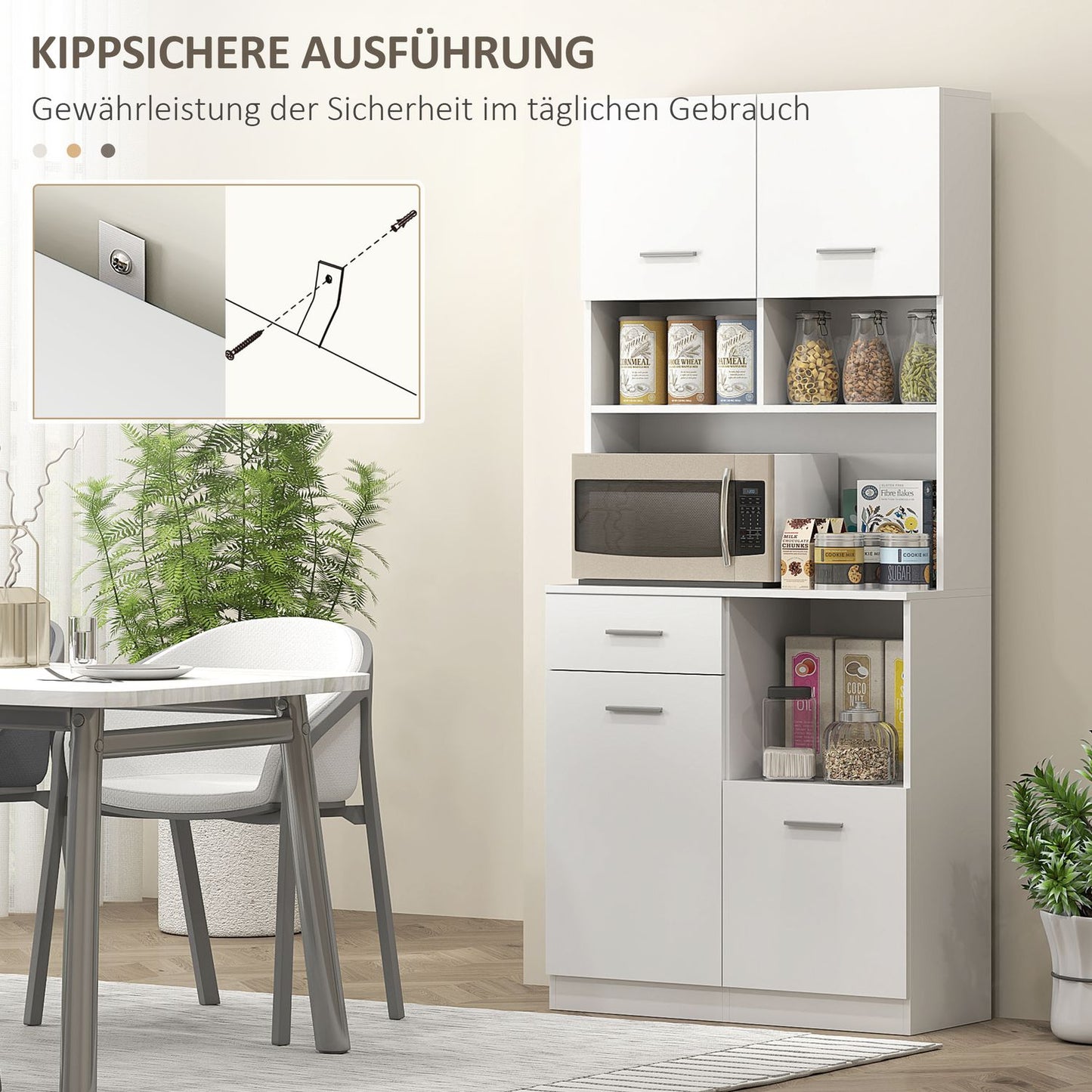 Tall white kitchen storage cabinet with drawer and adjustable shelf