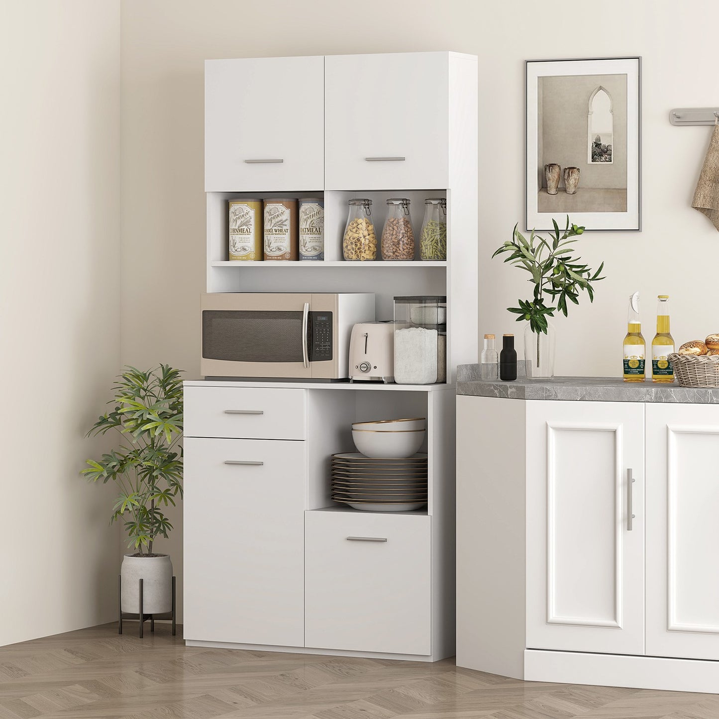 Tall white kitchen storage cabinet with drawer and adjustable shelf