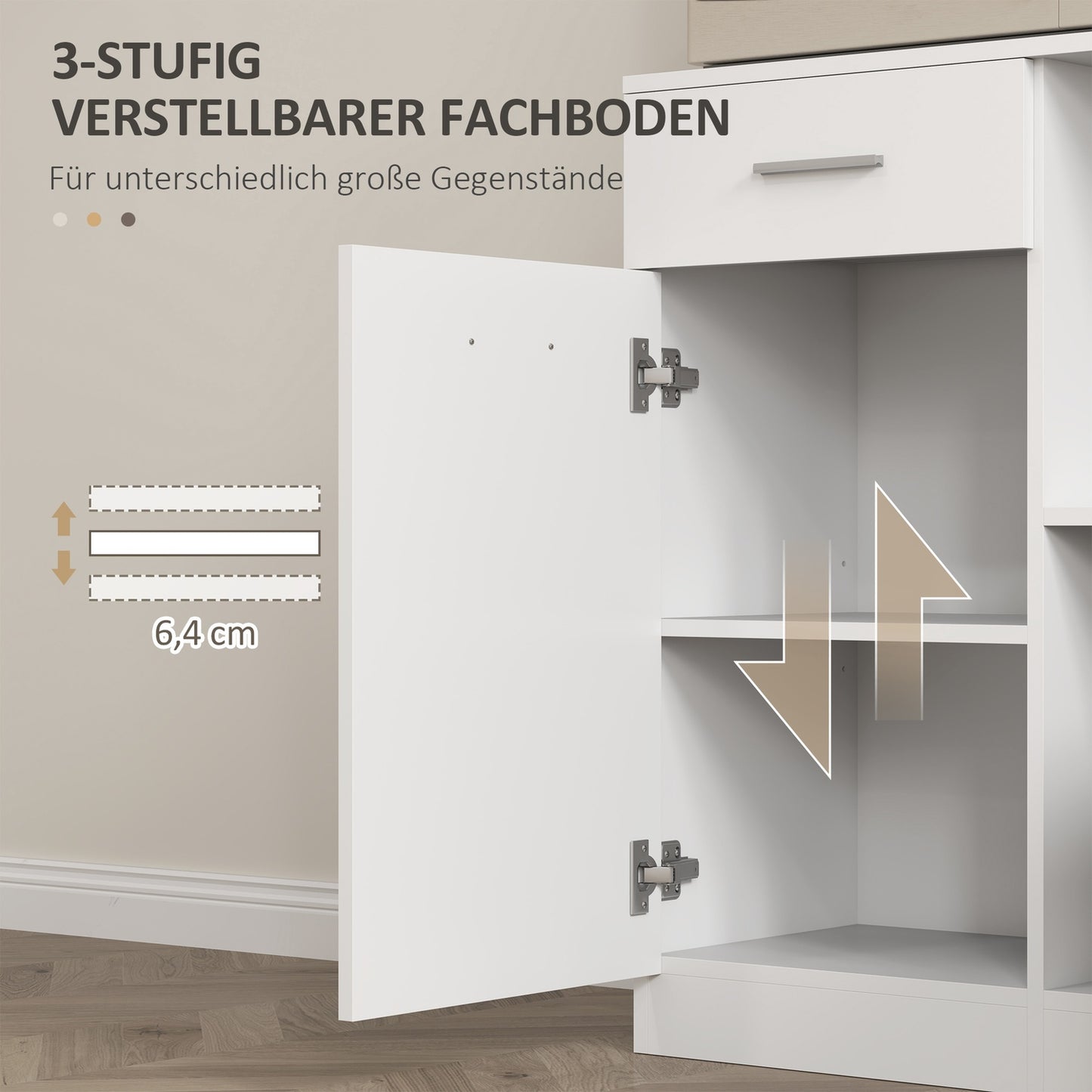 Tall white kitchen storage cabinet with drawer and adjustable shelf