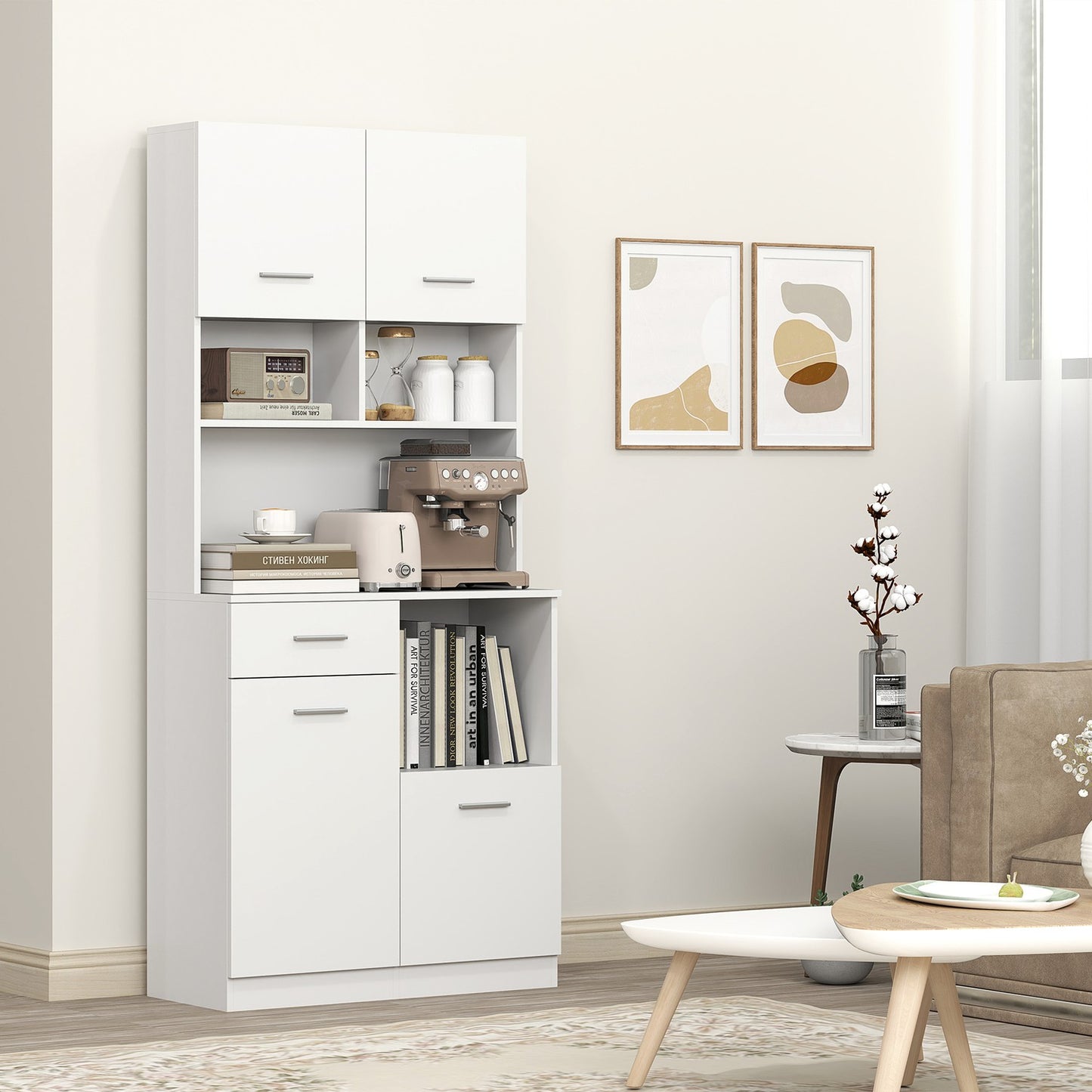 Tall white kitchen storage cabinet with drawer and adjustable shelf