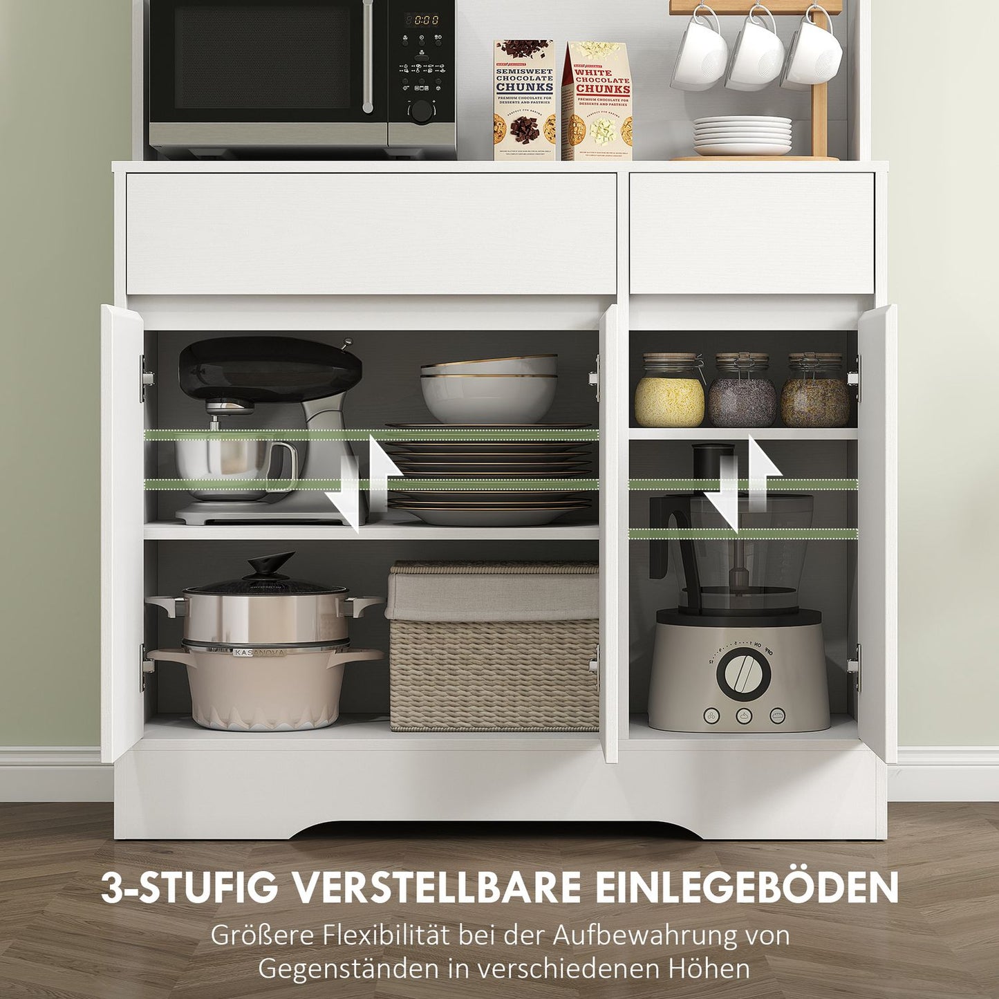 Kitchen Cabinet with Countertop, 6 Doors, 2 Drawers, White