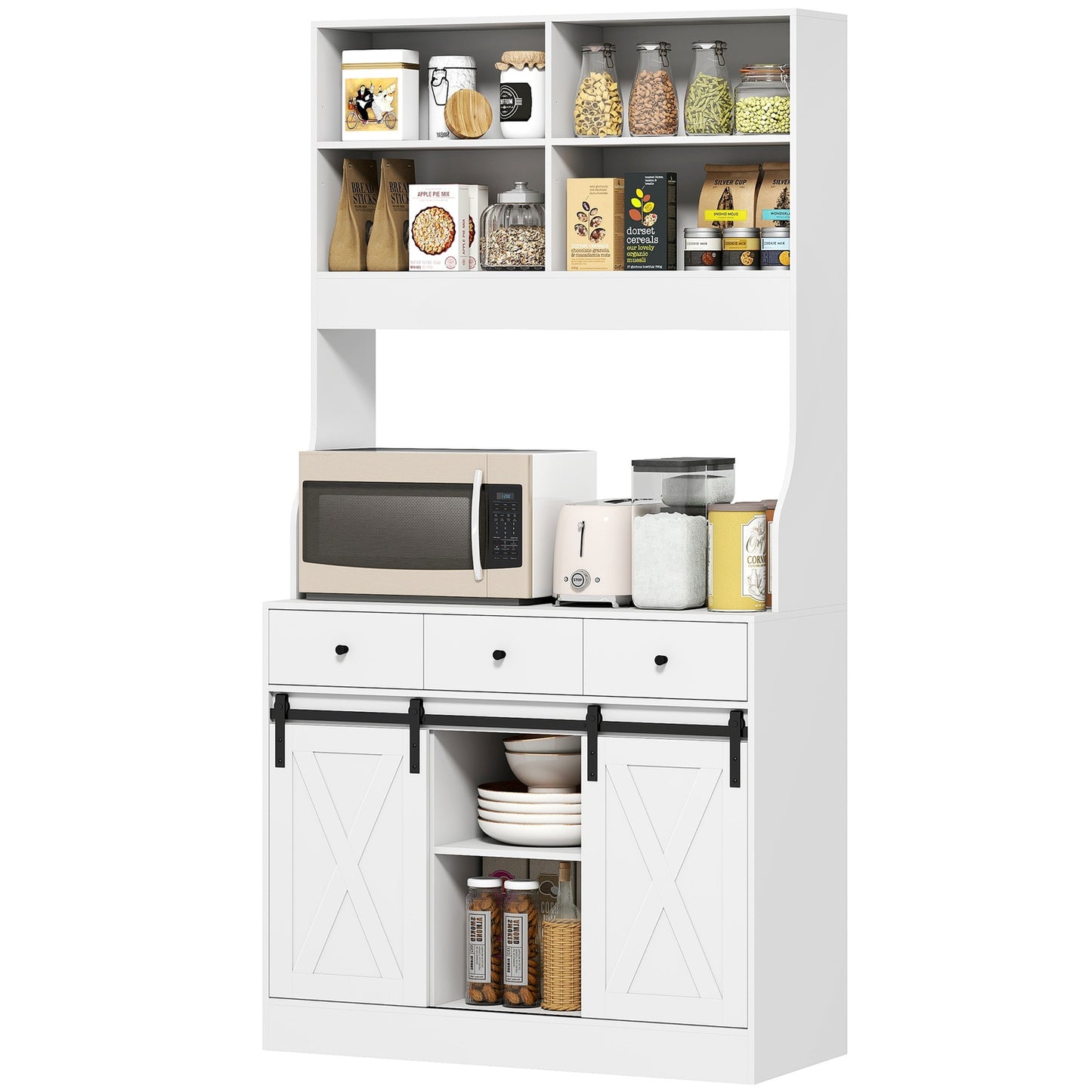 Kitchen cabinet with shelves, cupboards, drawers and storage space, farmhouse flair, adjustable shelves, wood, white