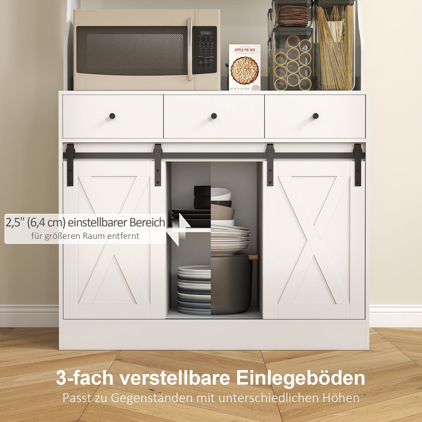 Kitchen cabinet with shelves, cupboards, drawers and storage space, farmhouse flair, adjustable shelves, wood, white