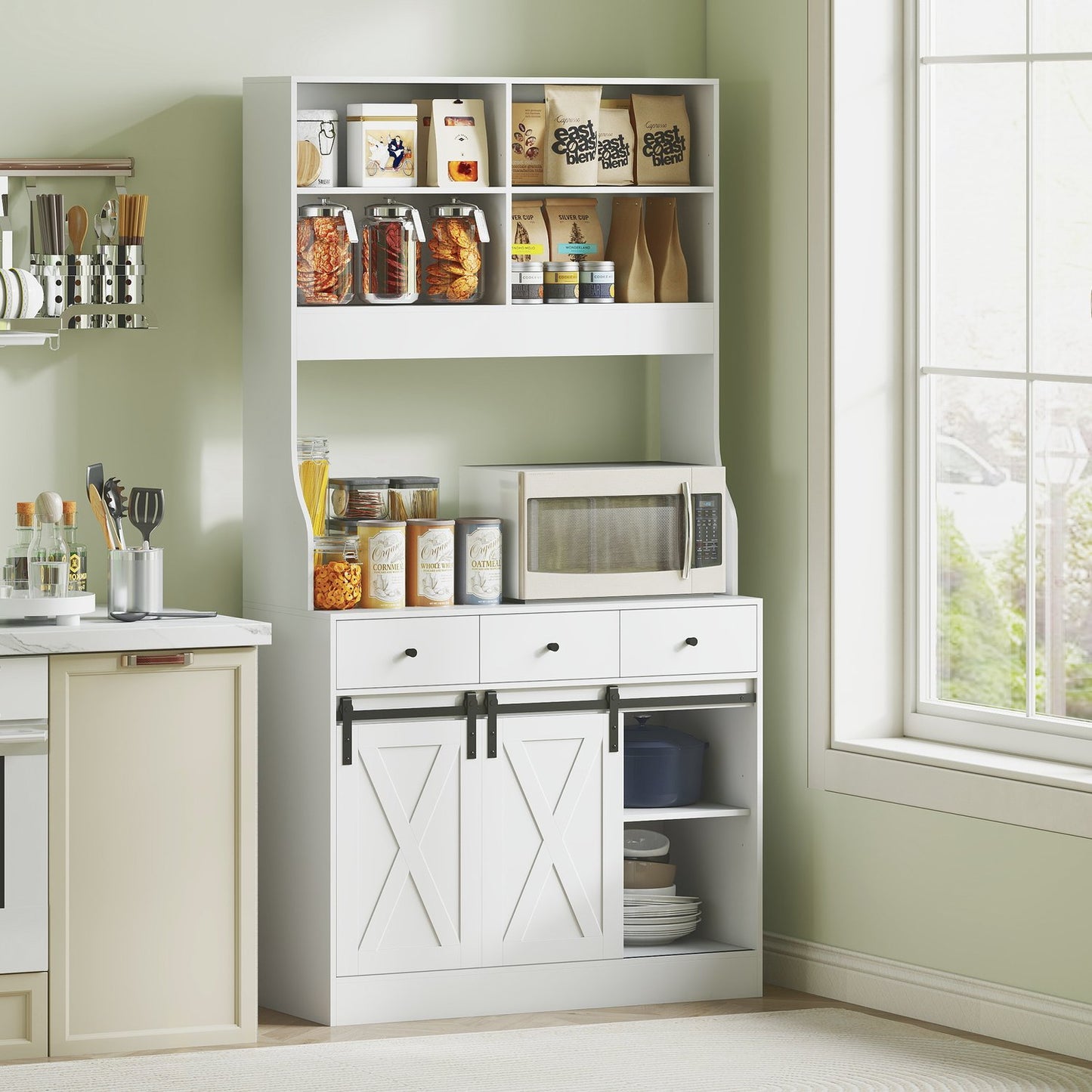 Kitchen cabinet with shelves, cupboards, drawers and storage space, farmhouse flair, adjustable shelves, wood, white