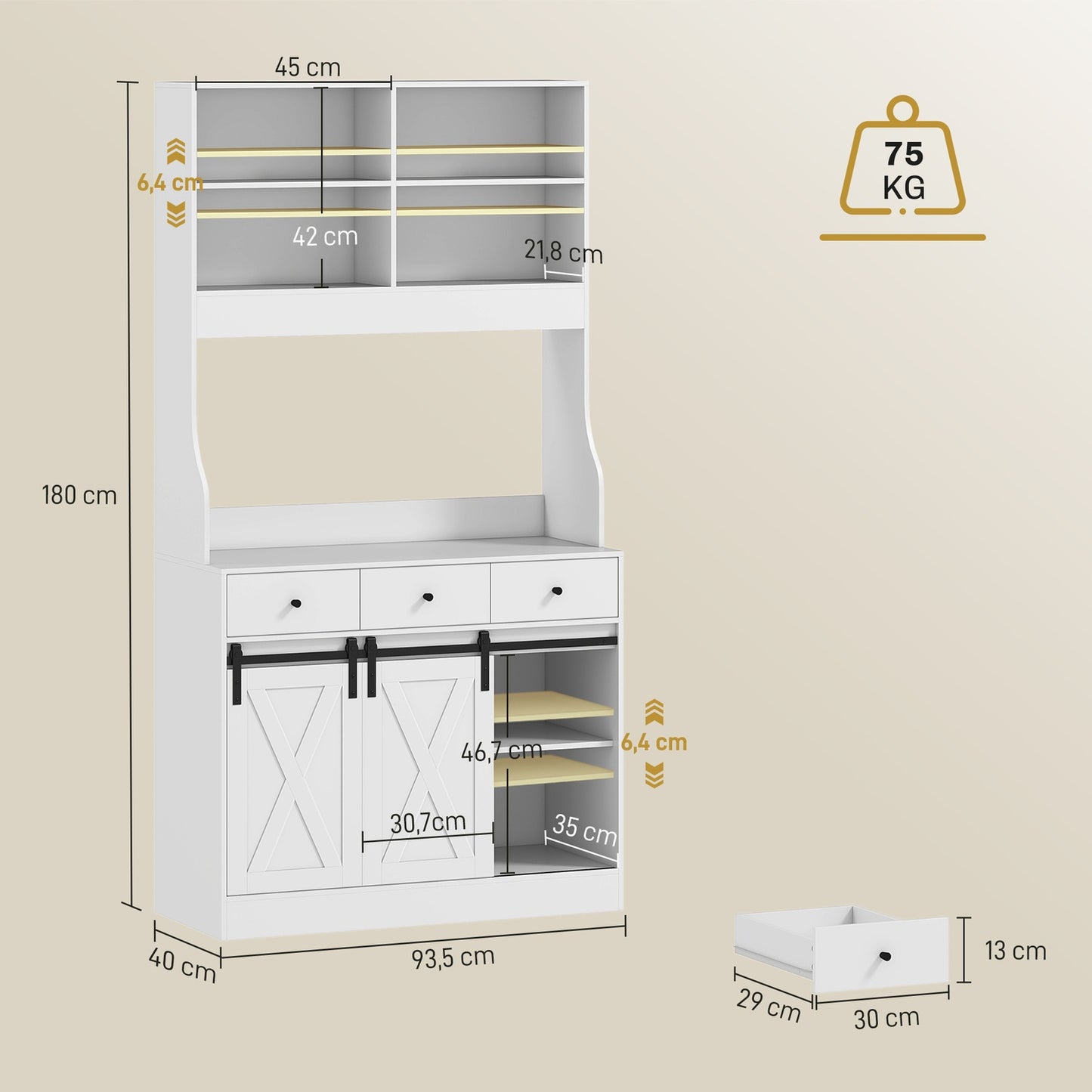 Kitchen cabinet with shelves, cupboards, drawers and storage space, farmhouse flair, adjustable shelves, wood, white