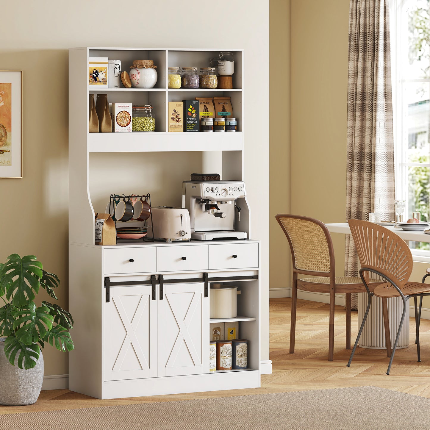 Kitchen cabinet with shelves, cupboards, drawers and storage space, farmhouse flair, adjustable shelves, wood, white