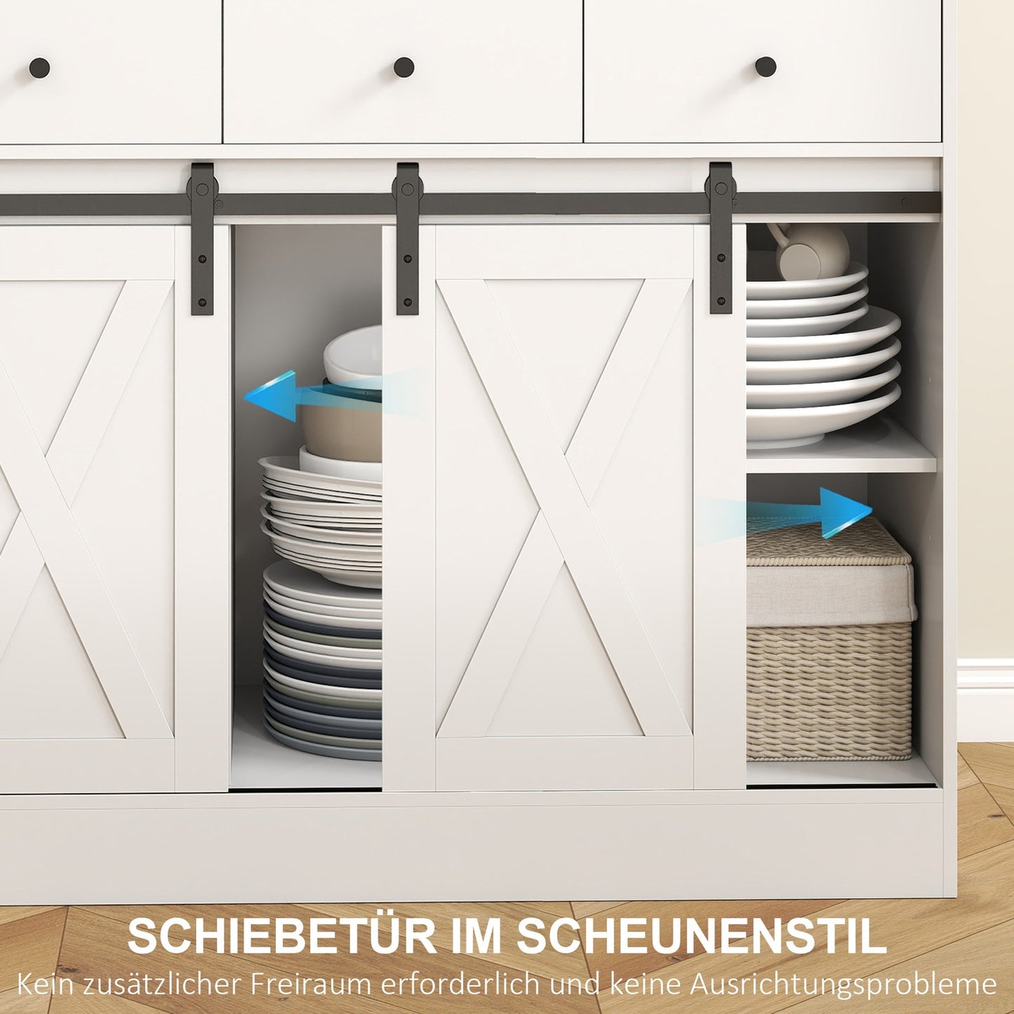 Kitchen cabinet with shelves, cupboards, drawers and storage space, farmhouse flair, adjustable shelves, wood, white