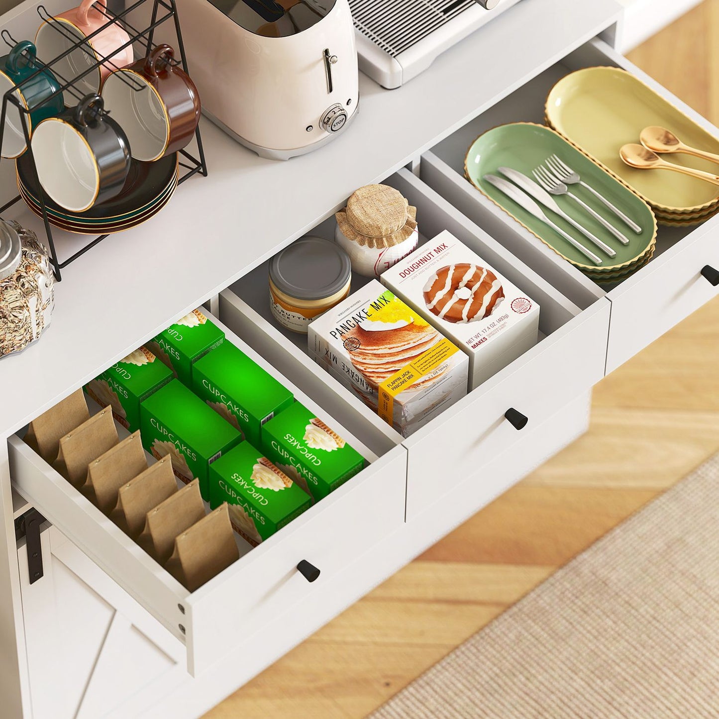 Kitchen cabinet with shelves, cupboards, drawers and storage space, farmhouse flair, adjustable shelves, wood, white
