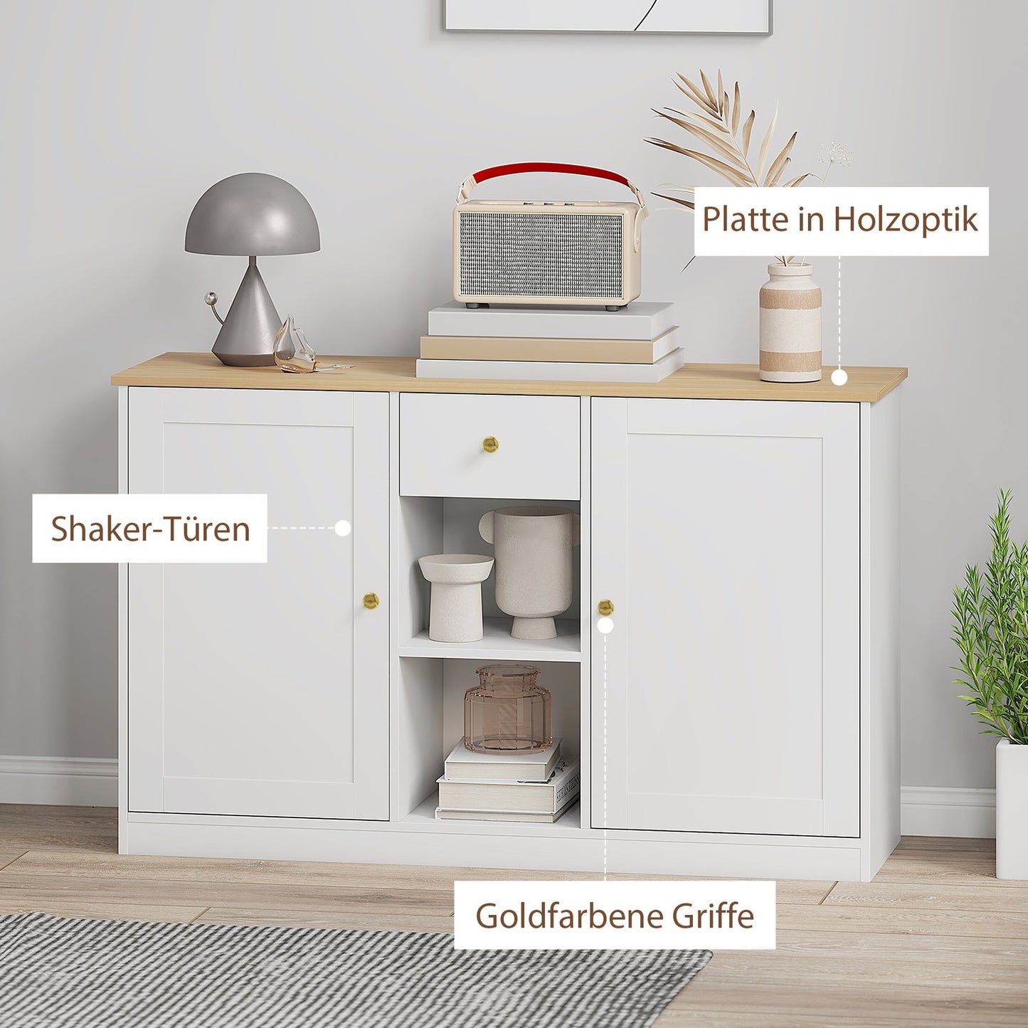 White Sideboard with Drawer and Shelves, 120cm