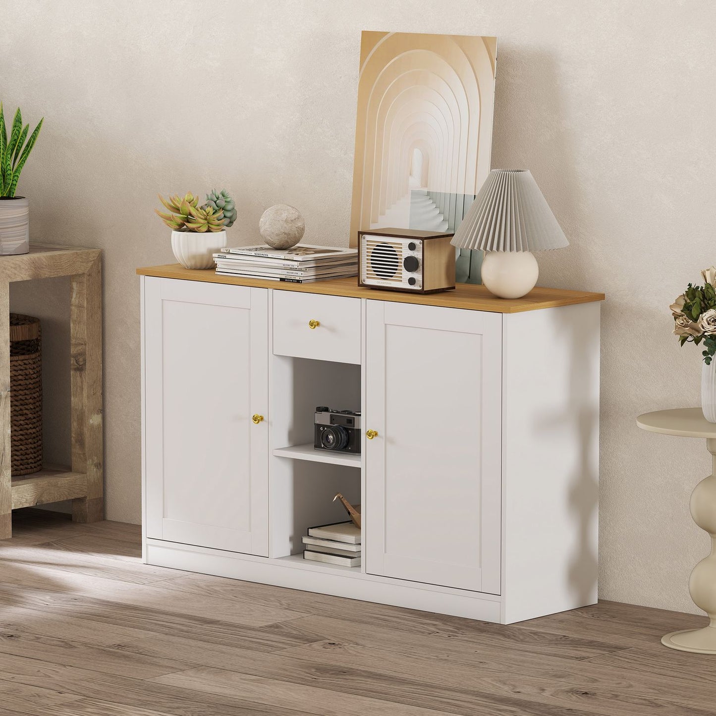 White Sideboard with Drawer and Shelves, 120cm
