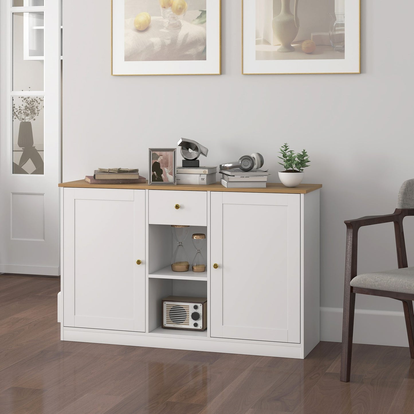 White Sideboard with Drawer and Shelves, 120cm