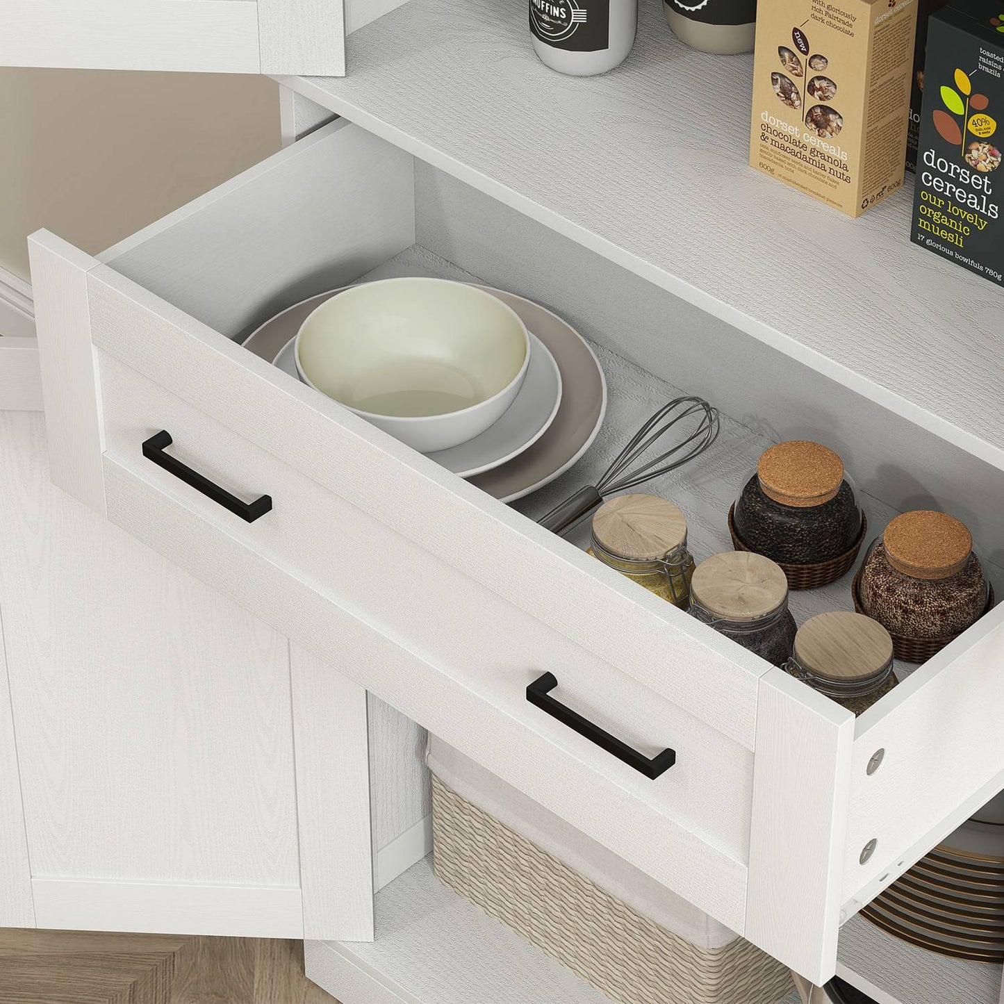 Tall kitchen cabinet, adjustable shelves, cream white