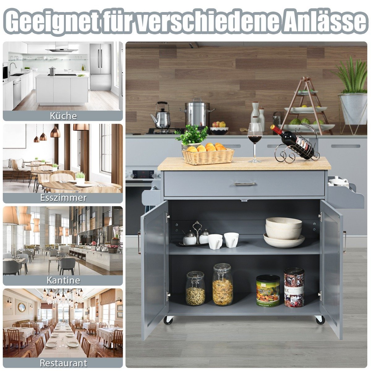 Kitchen island cart rolling storage cart large cabinet 116 x 40 x 85 cm gray + natural