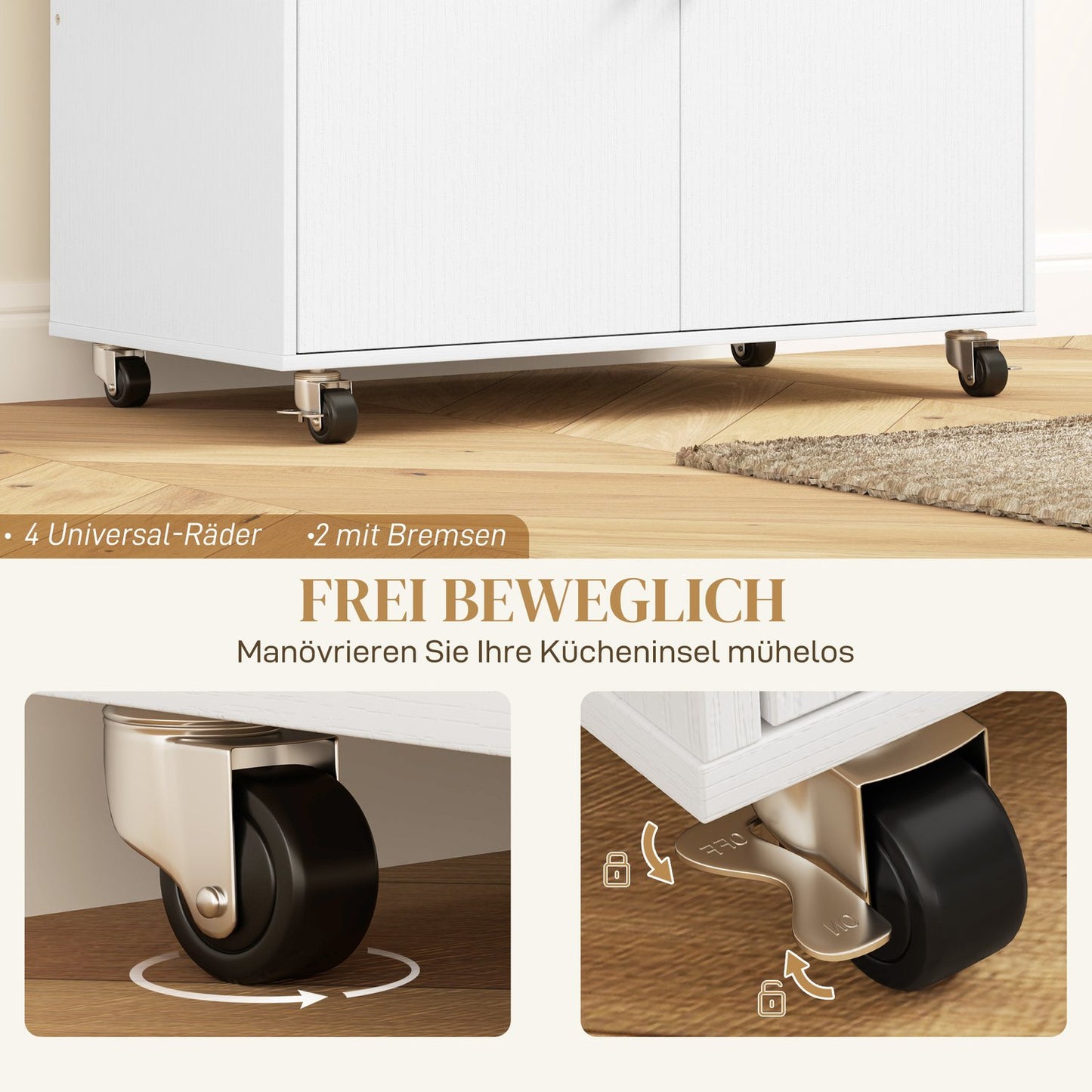 White Kitchen Island Trolley with wheels, spice rack & storage