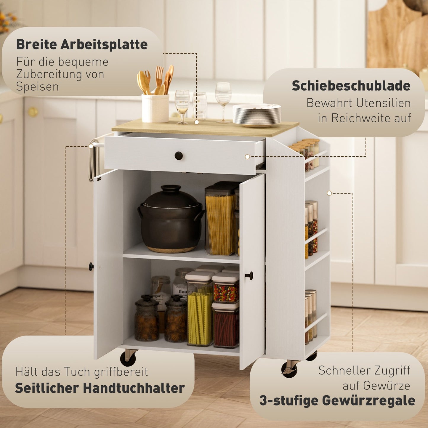 White Kitchen Trolley Island - Wheels, drawers & towel rack