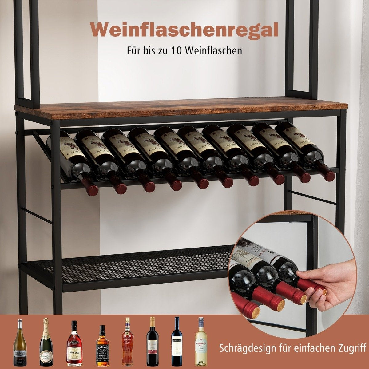 Kitchen shelf with wine holder up to 10 bottles & worktop & 5 shelves baker rack brown