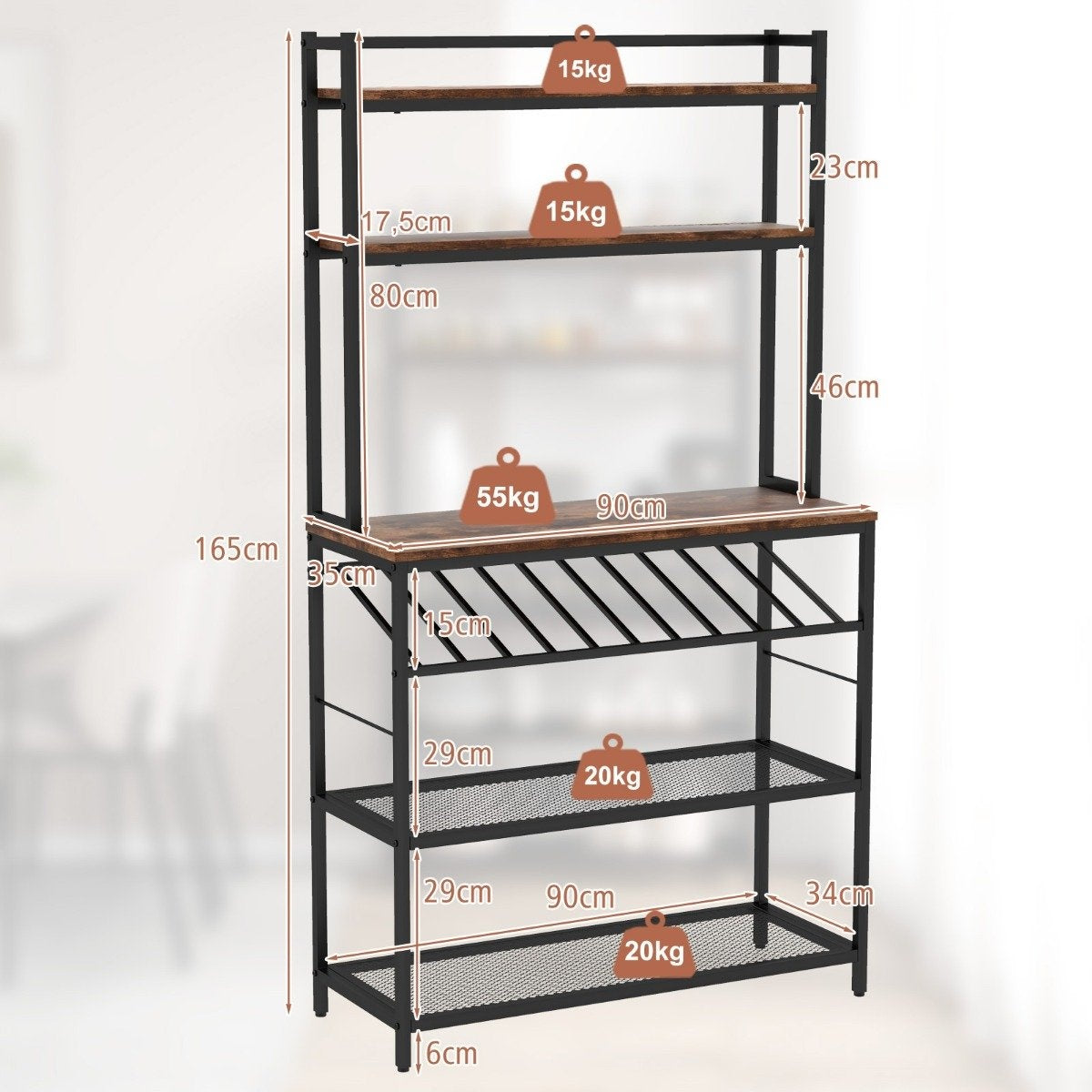 Kitchen shelf with wine holder up to 10 bottles & worktop & 5 shelves baker rack brown