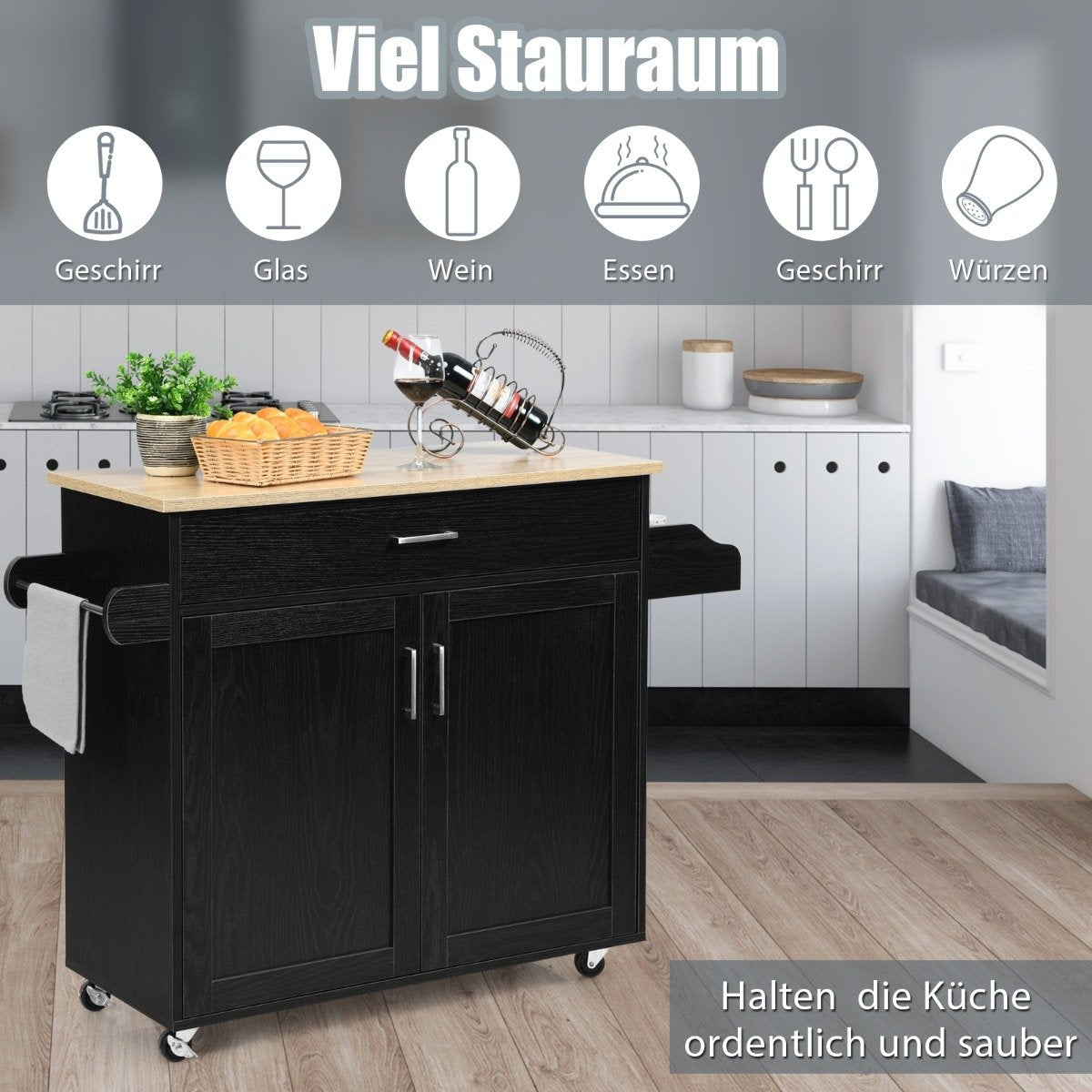 Kitchen trolley kitchen island with drawer and height-adjustable shelf 116 x 40 x 85 cm black + natural