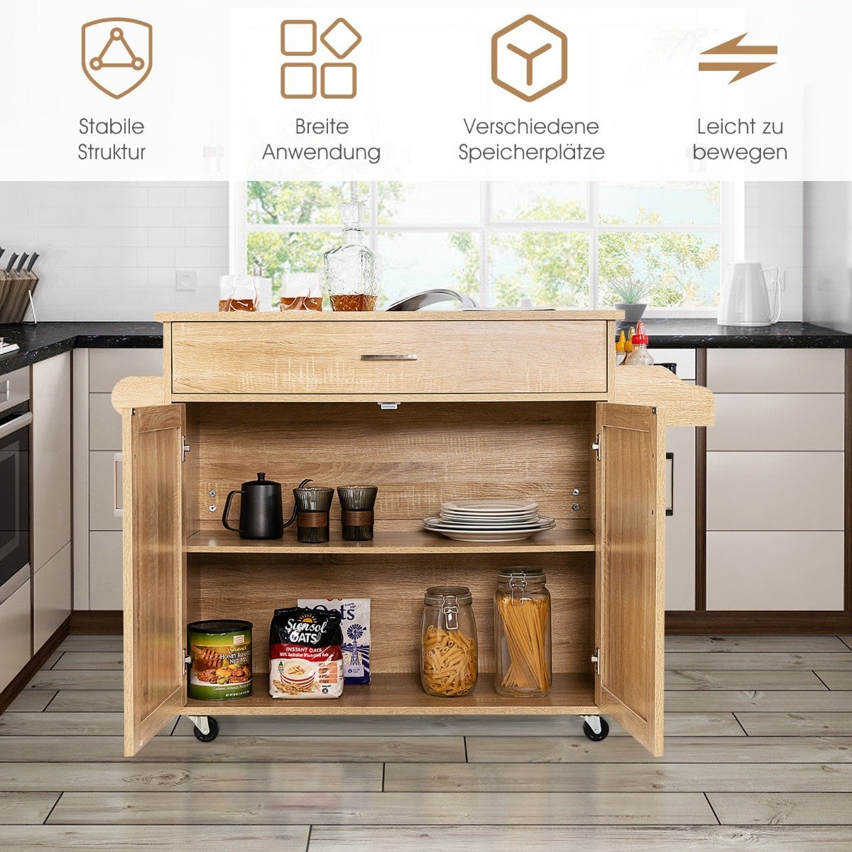 Kitchen trolley rolling storage trolley with lockable rubber wheels natural