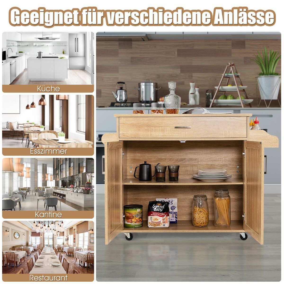 Kitchen trolley rolling storage trolley with lockable rubber wheels natural