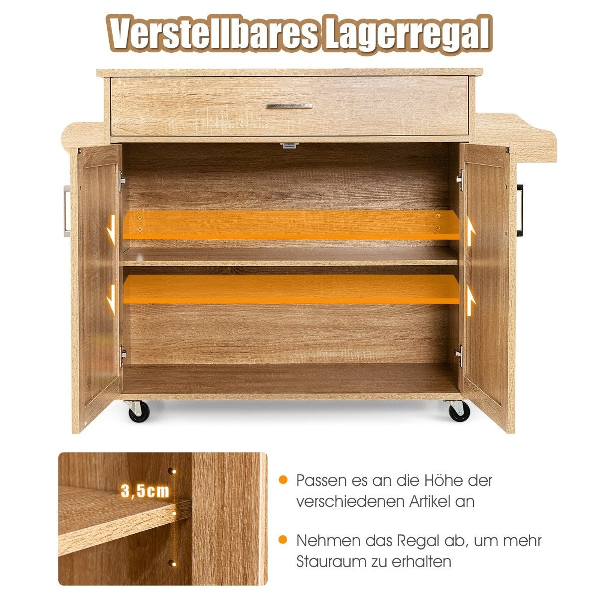 Kitchen trolley rolling storage trolley with lockable rubber wheels natural