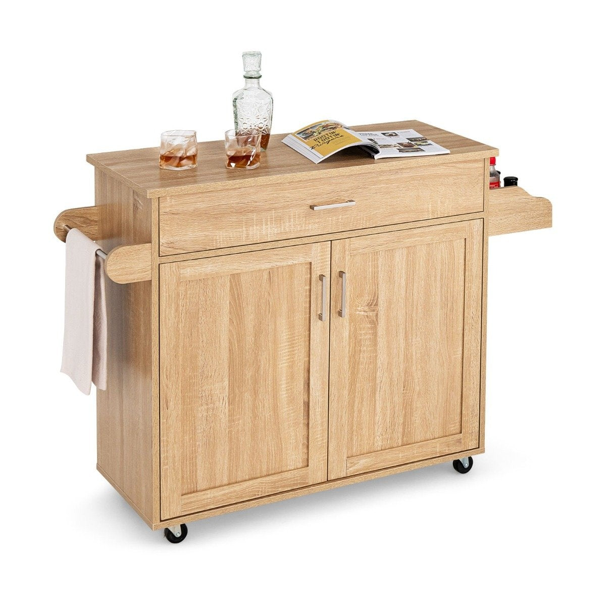 Kitchen trolley rolling storage trolley with lockable rubber wheels natural