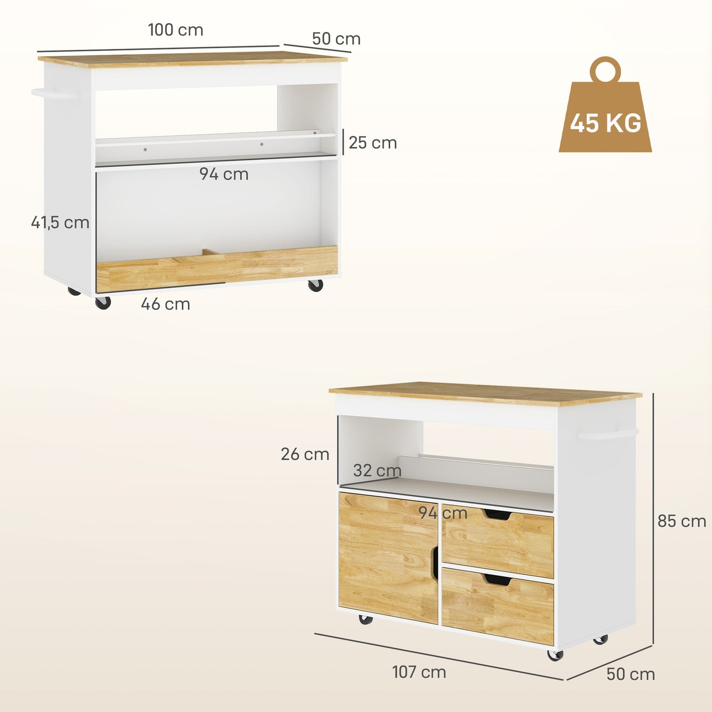 Oak Kitchen Island Trolley – Worktop, drawers, soft-close door