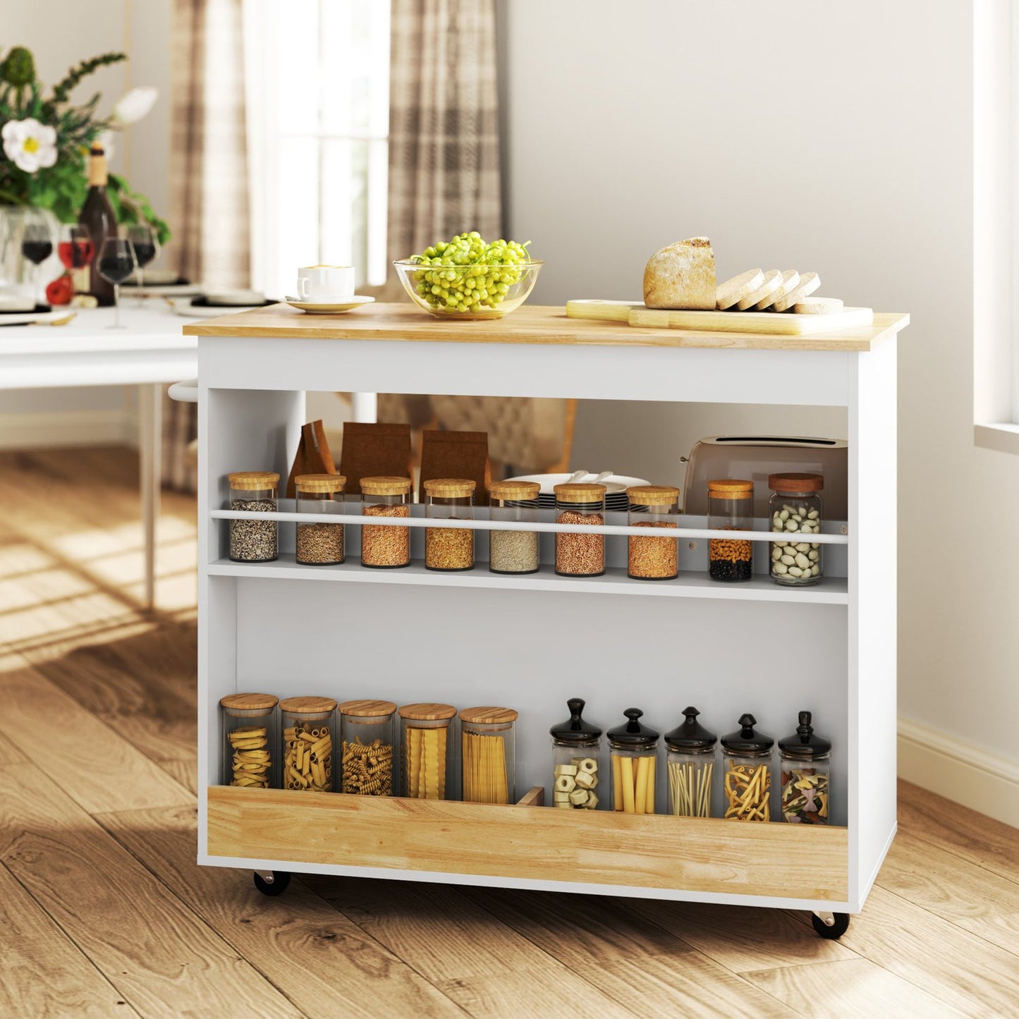 Oak Kitchen Island Trolley – Worktop, drawers, soft-close door