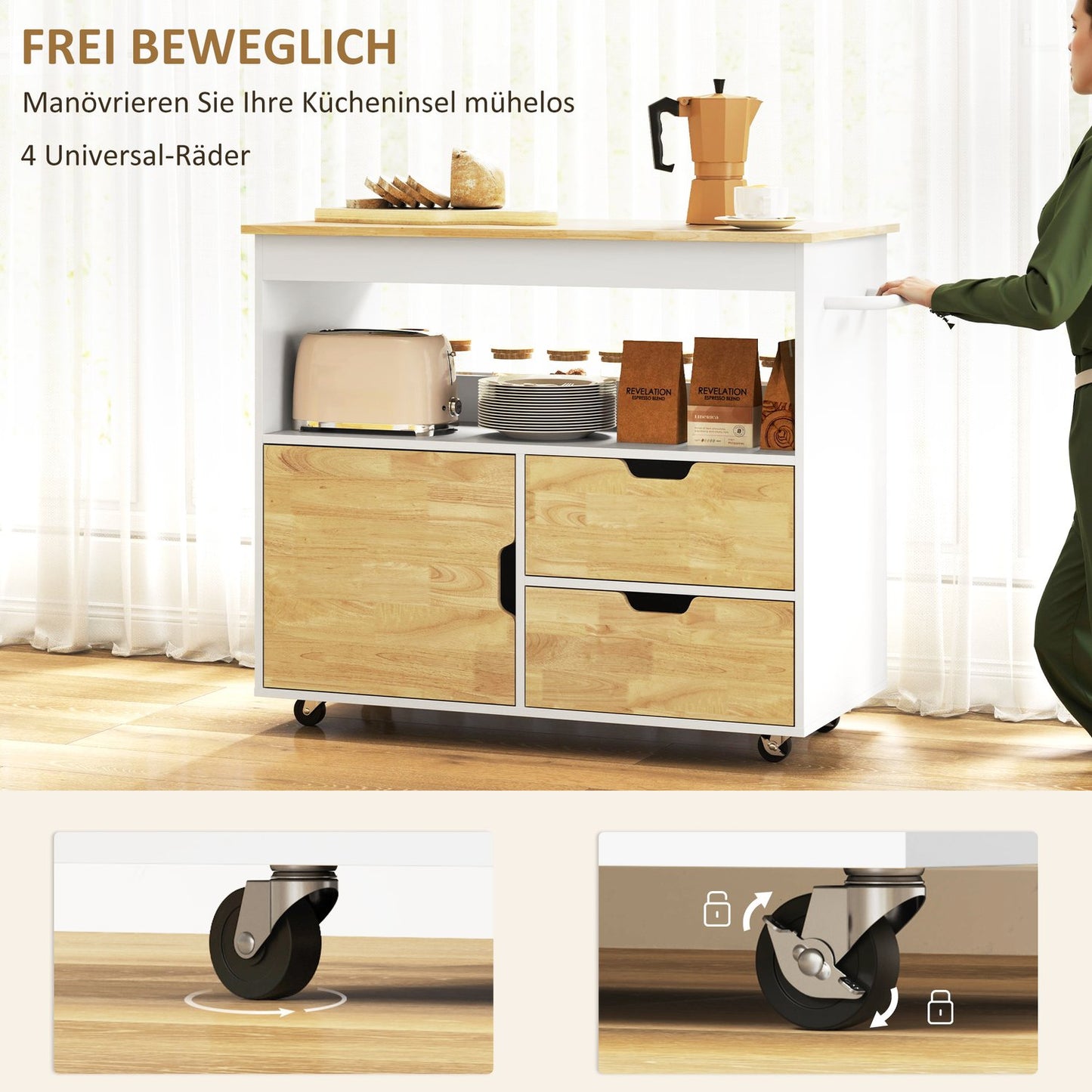 Oak Kitchen Island Trolley – Worktop, drawers, soft-close door
