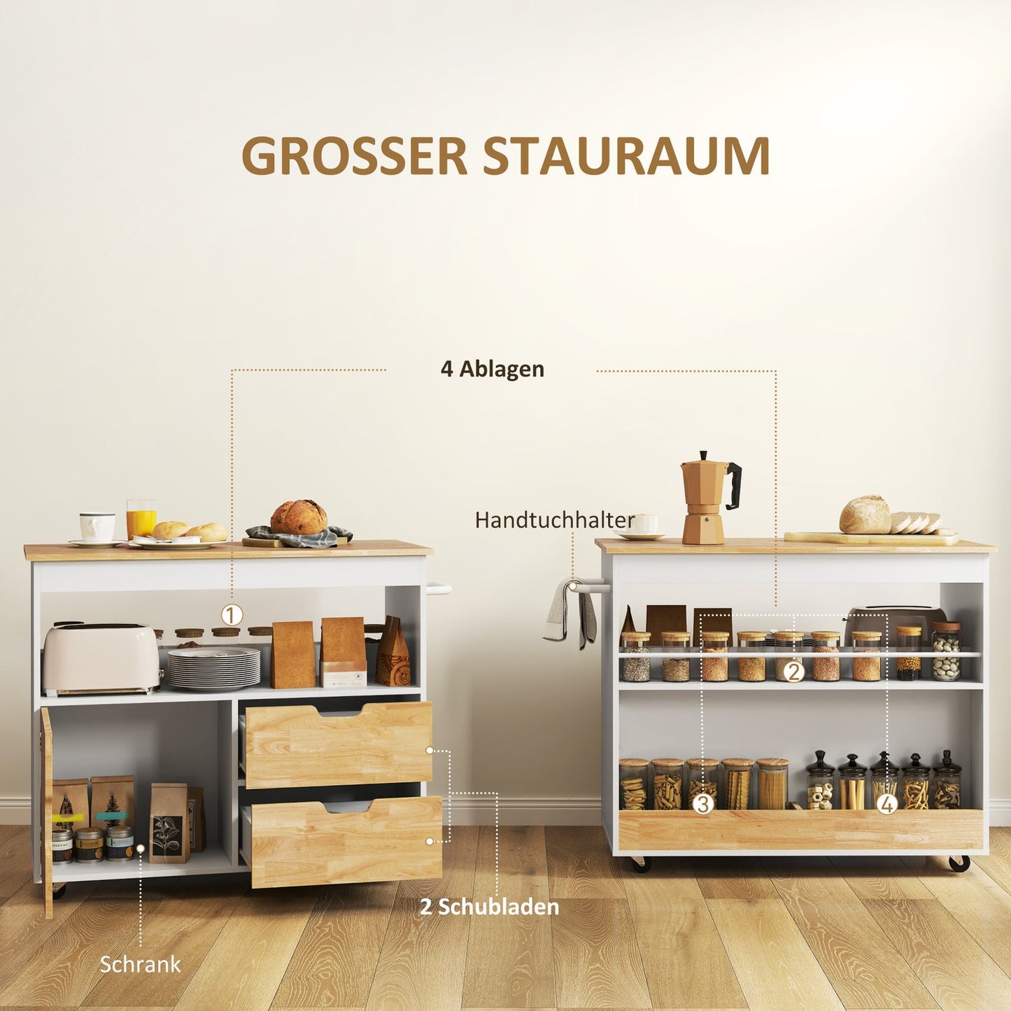 Oak Kitchen Island Trolley – Worktop, drawers, soft-close door