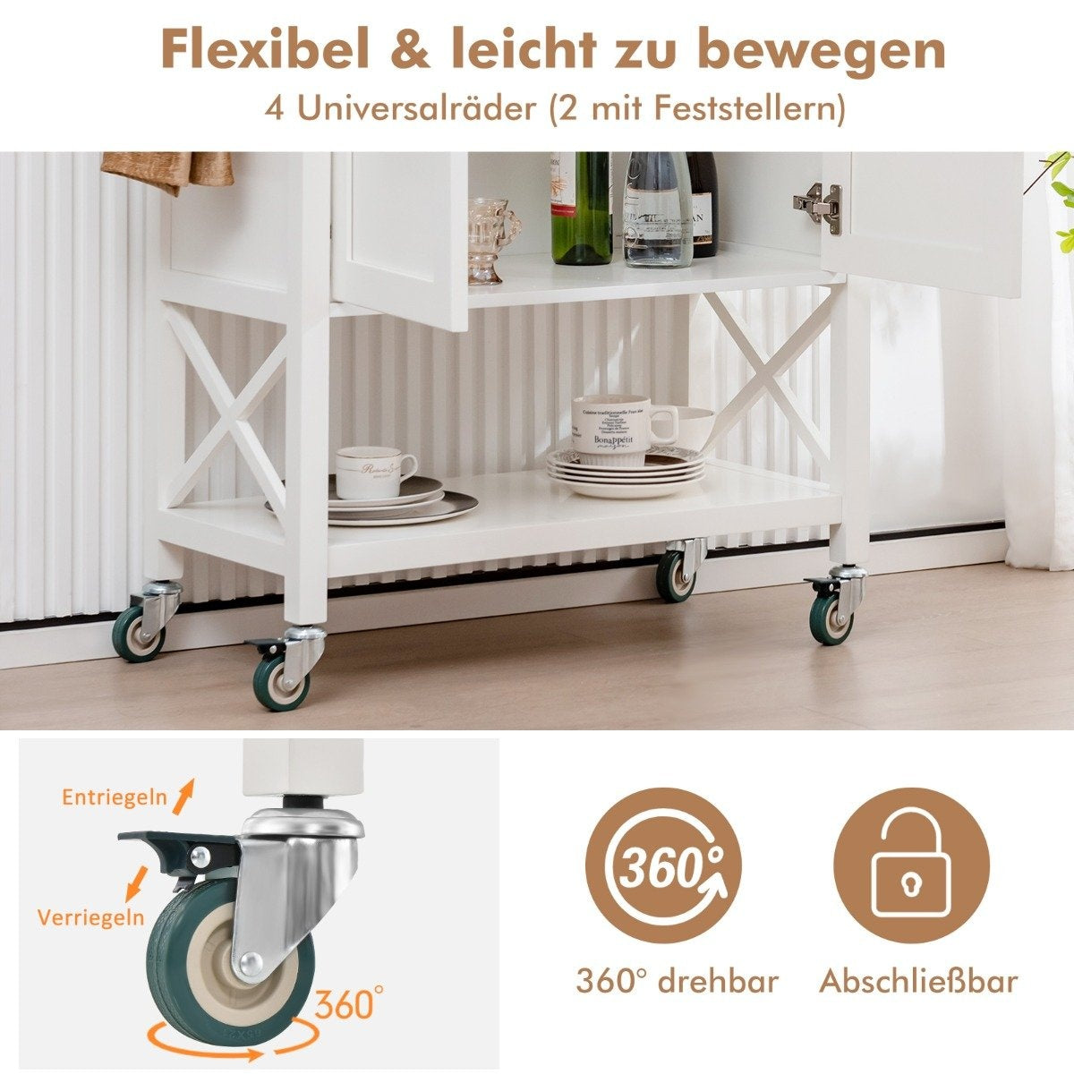 Kitchen trolley with cupboard & shelf & towel holder & spice rack serving trolley white