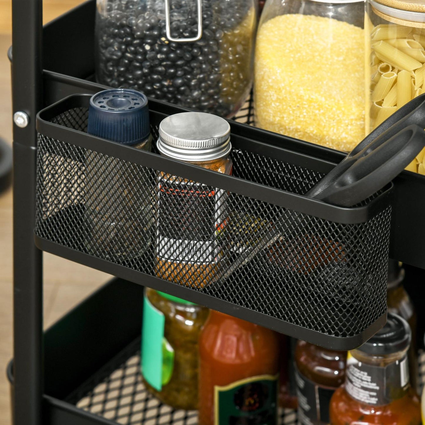 Rolling Kitchen Cart with Hooks and Storage Baskets