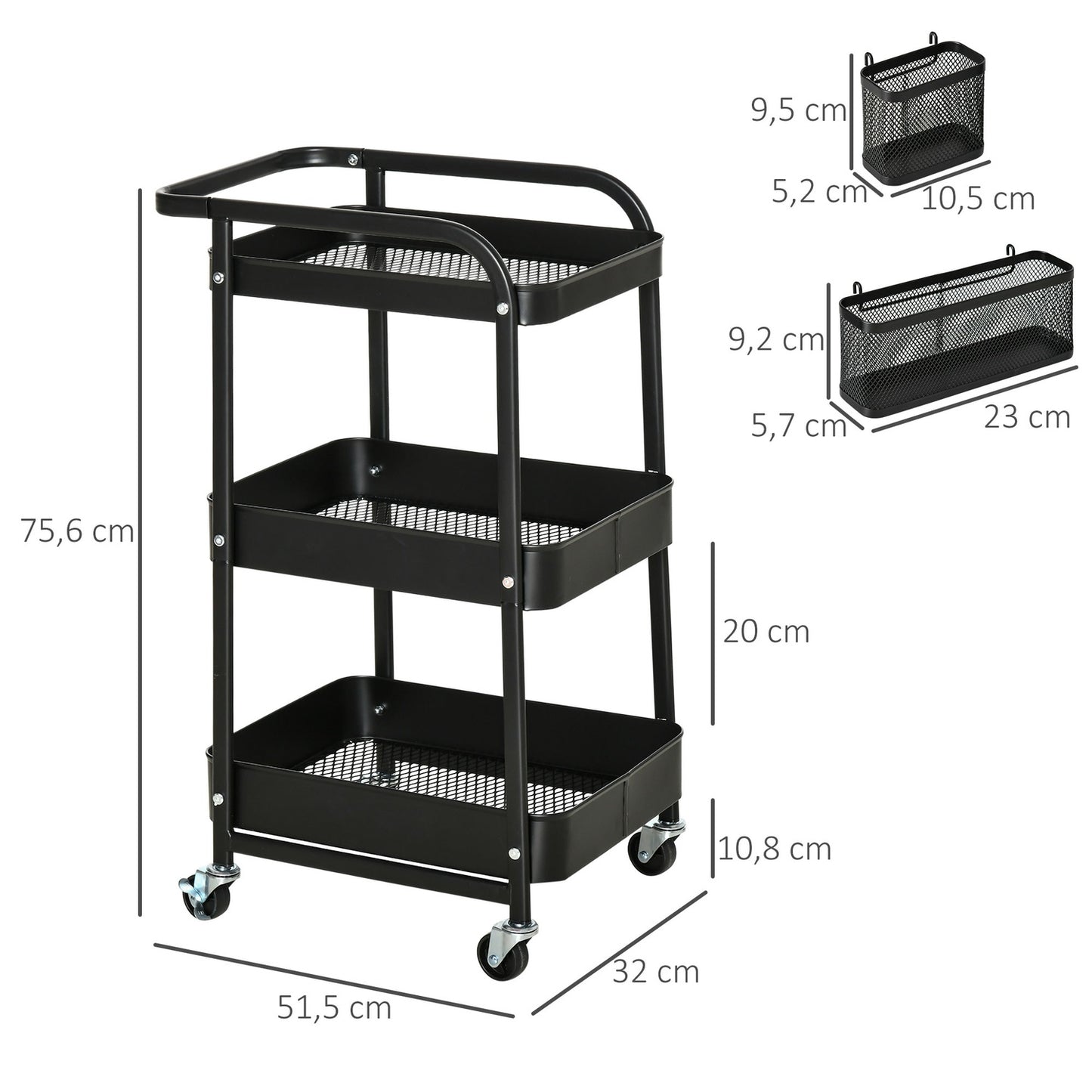 Rolling Kitchen Cart with Hooks and Storage Baskets