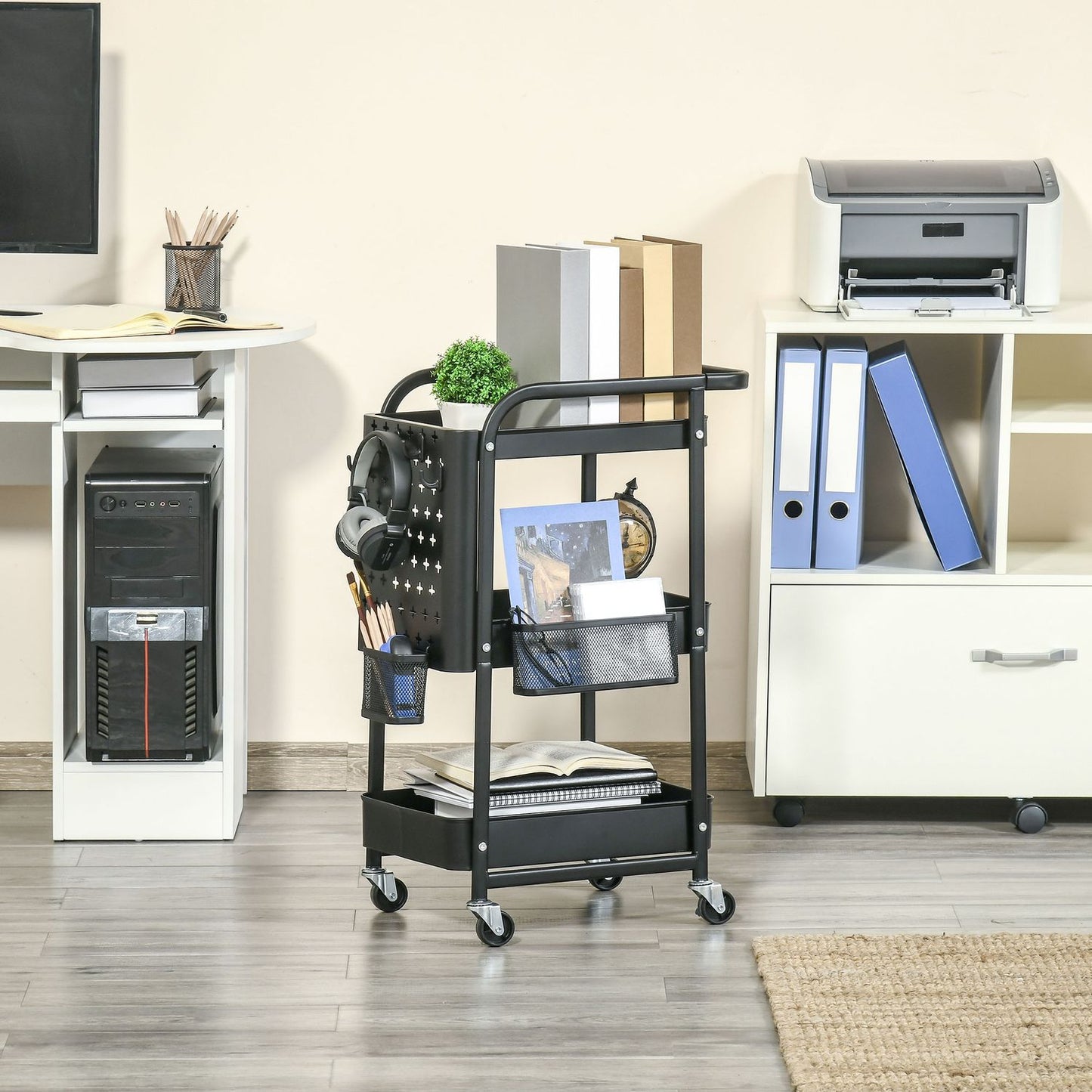 Rolling Kitchen Cart with Hooks and Storage Baskets