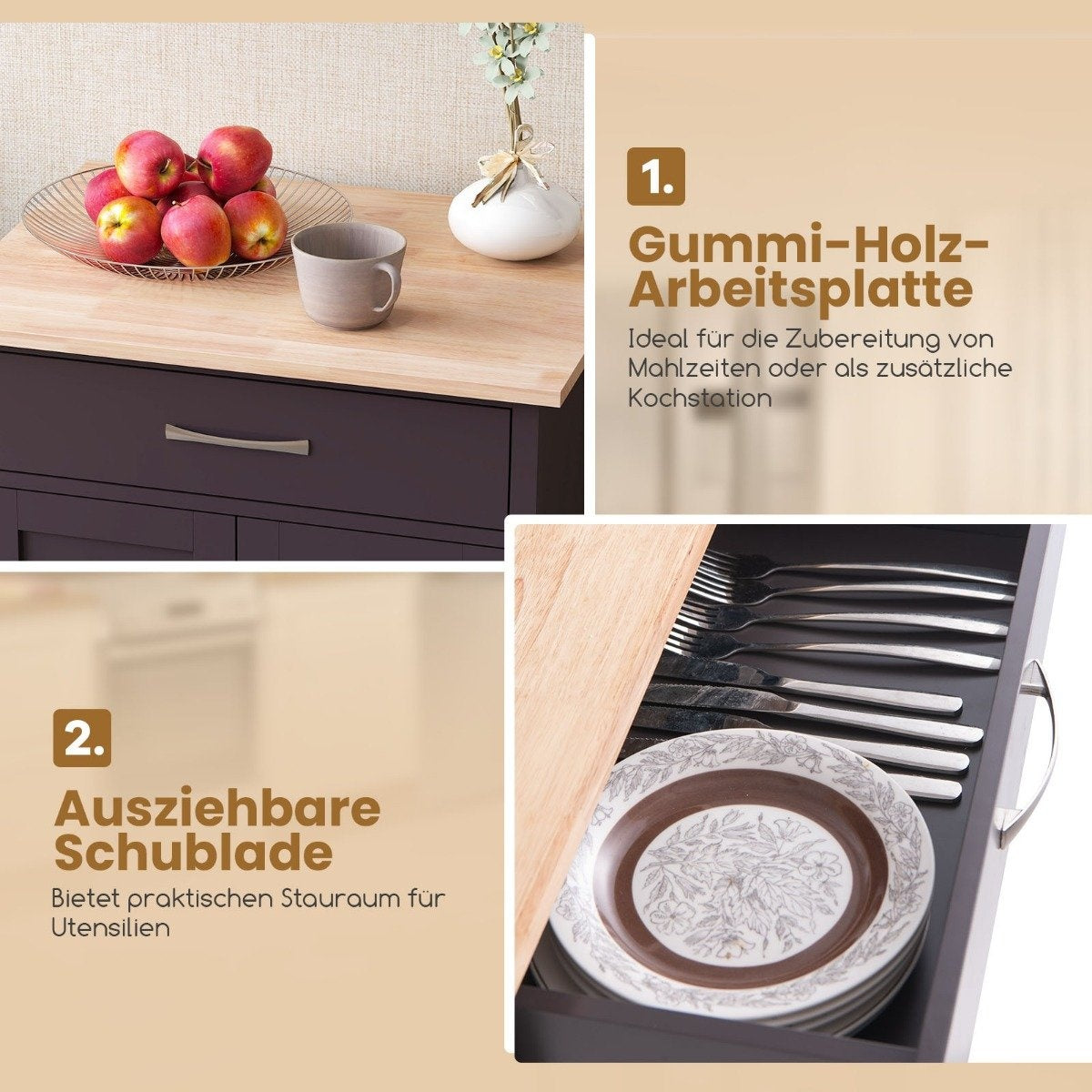 Kitchen trolley with worktop, serving trolley with wheels, trolley with drawer, brown