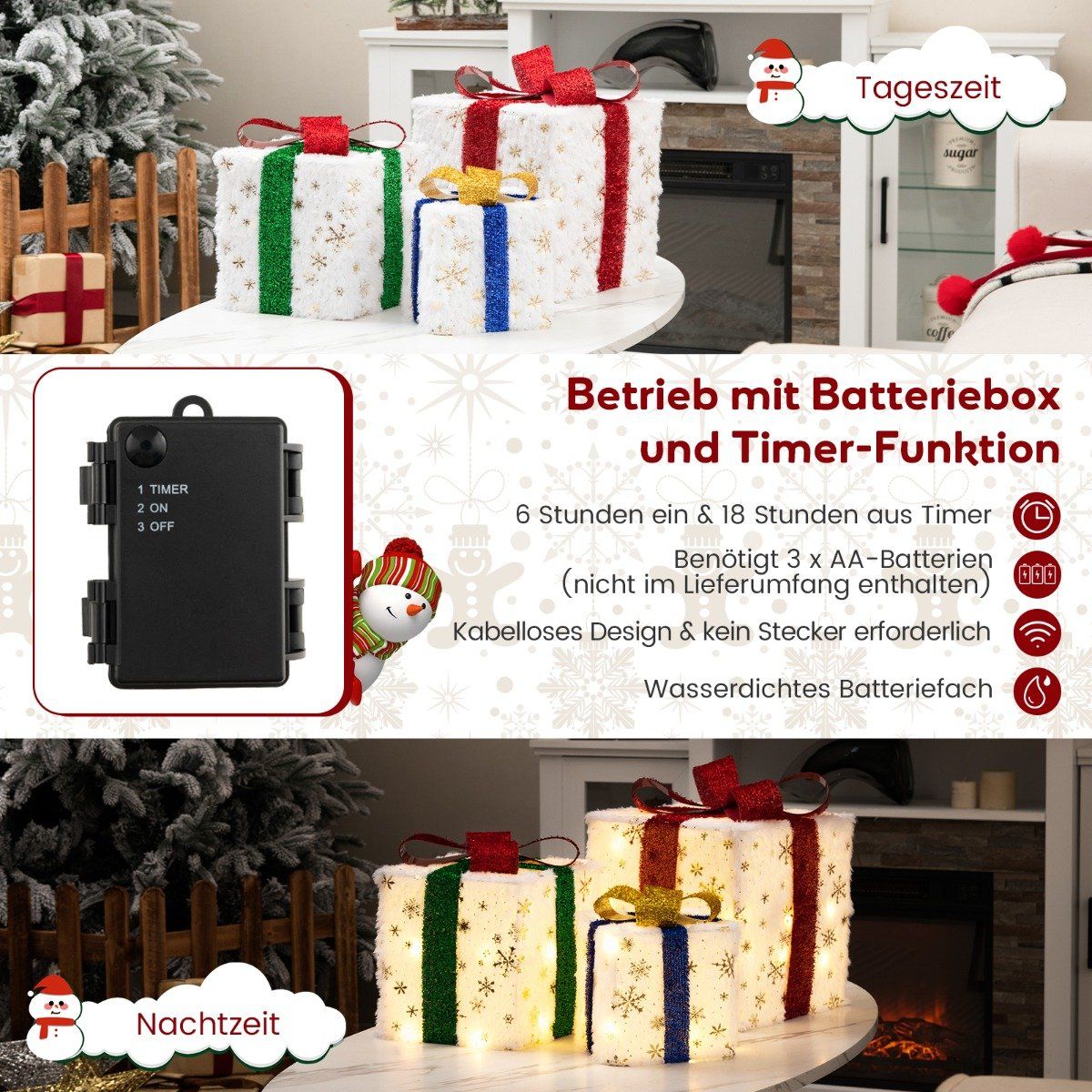 LED Christmas Gift Box Set – 3 Sizes, 48 Warm Lights, Timer