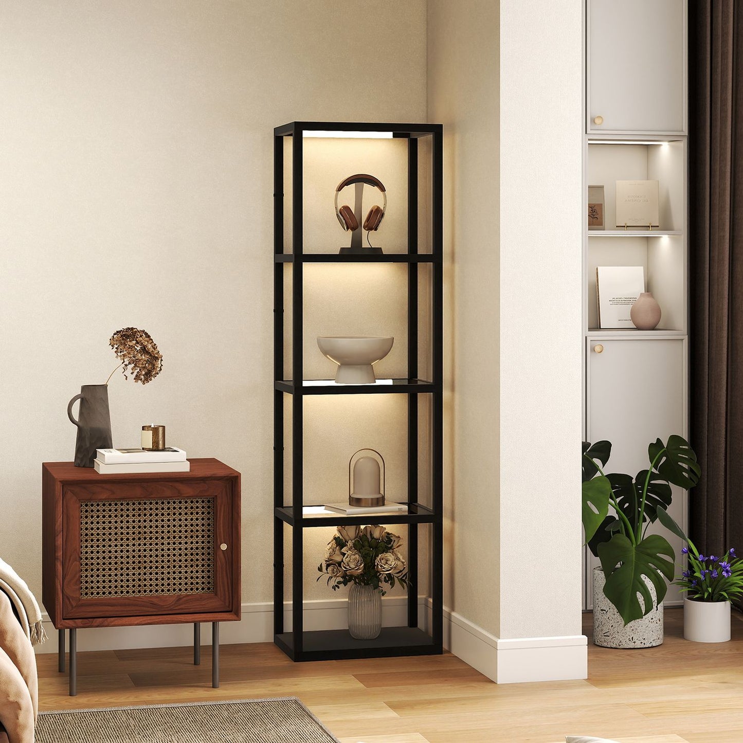 LED Floor Lamp with 4-Tier Glass Shelves, Foot Switch